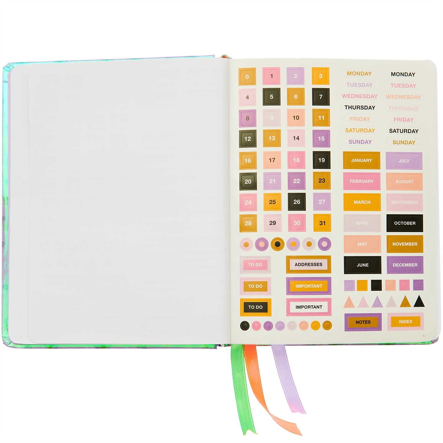 Paper Poetry Bullet Diary mit bunten Stickern und farbigen Bändern, ideal für kreative Planung.