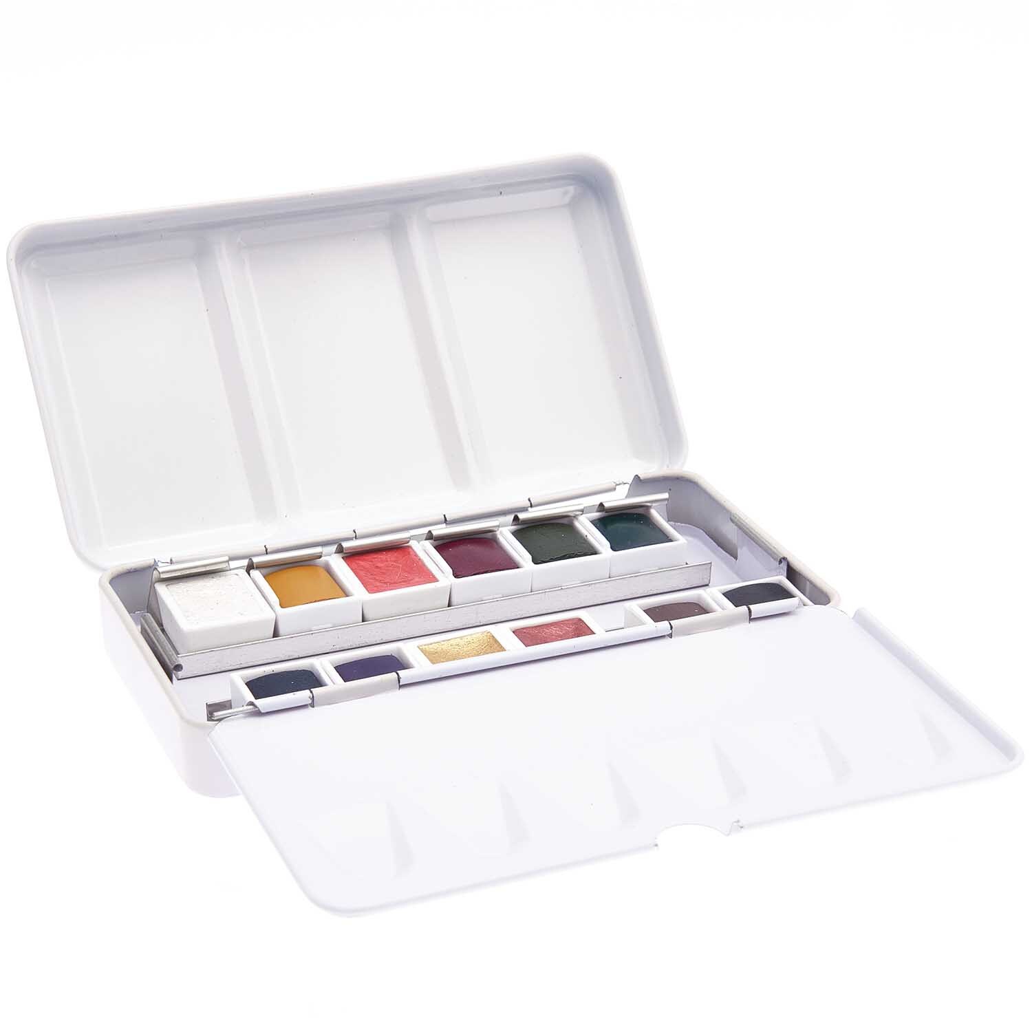 ART Essential Aquarellfarben Earthy Colours 12 Farben in einer offenen weißen Box mit verschiedenen Erdtönen. Ideal für kreative Projekte.