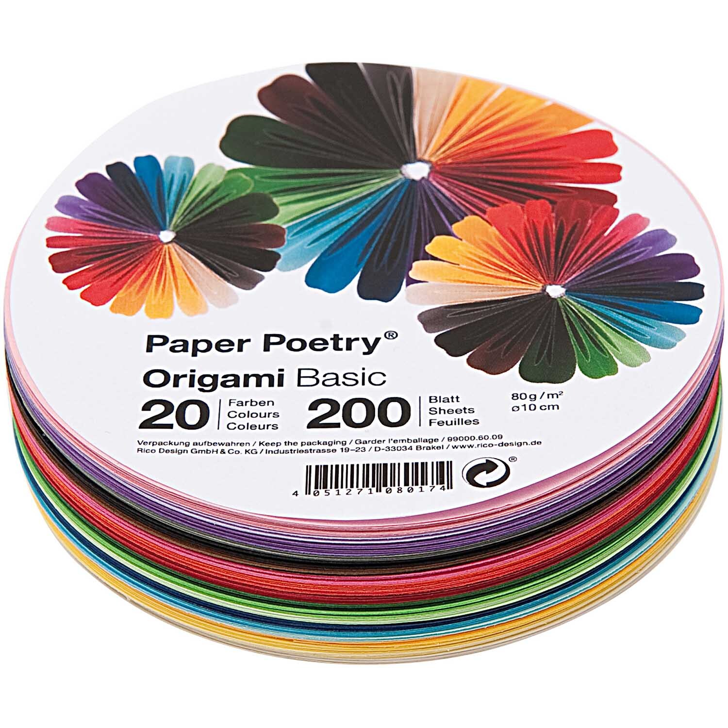 Paper Poetry Origami basic rund 15cm, 200 Blatt in 20 Farben von Rico Design, zeigt bunte Papierfächer.