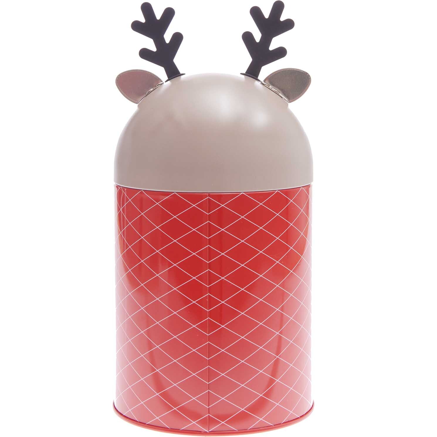Keksdose Rentier 20,5x12cm: Rot-weiße Dose mit Rentier-Design, ideal für Weihnachtsplätzchen.