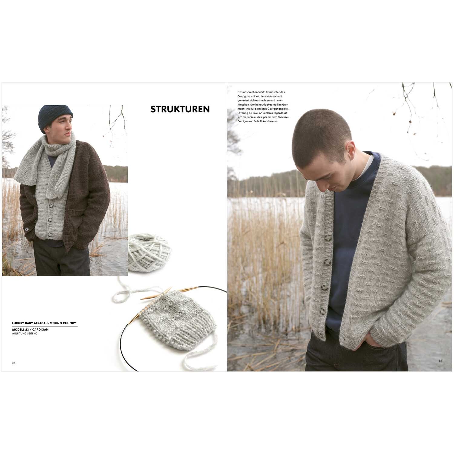 Luxury Knits Winter Special: Zwei Männer tragen gestrickte Pullover und Schals von Rico Design in einer winterlichen Landschaft.