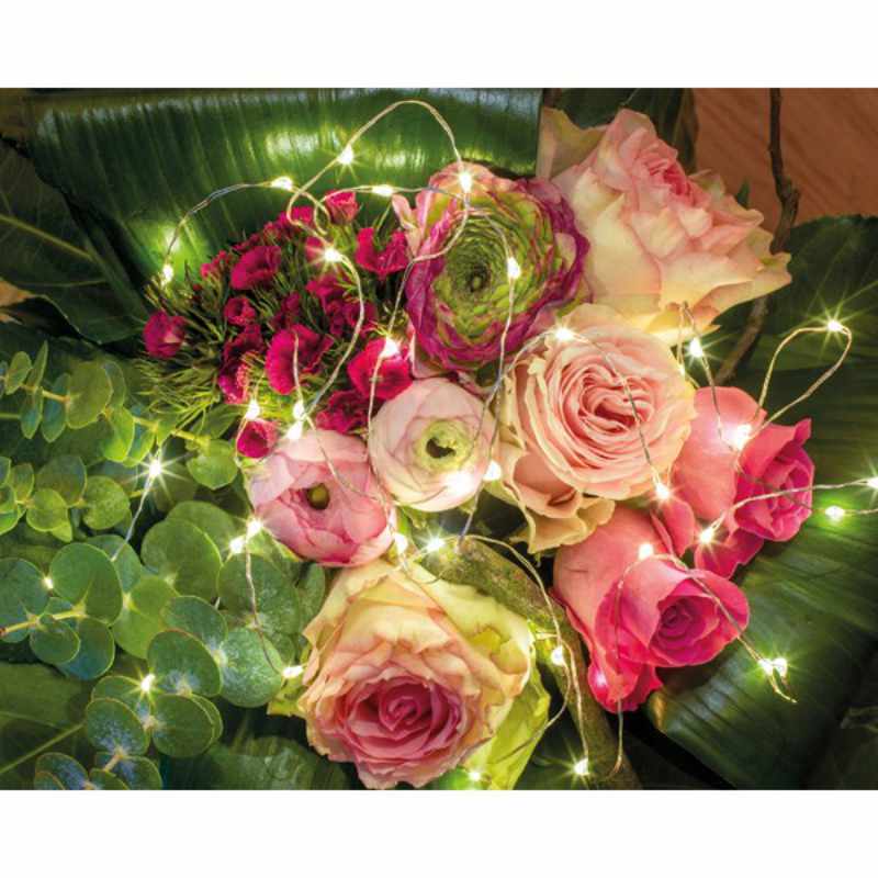Micro LED-Bündel warmweiß 65cm von Kaemingk, umgeben von rosa und roten Rosen auf grünen Blättern.