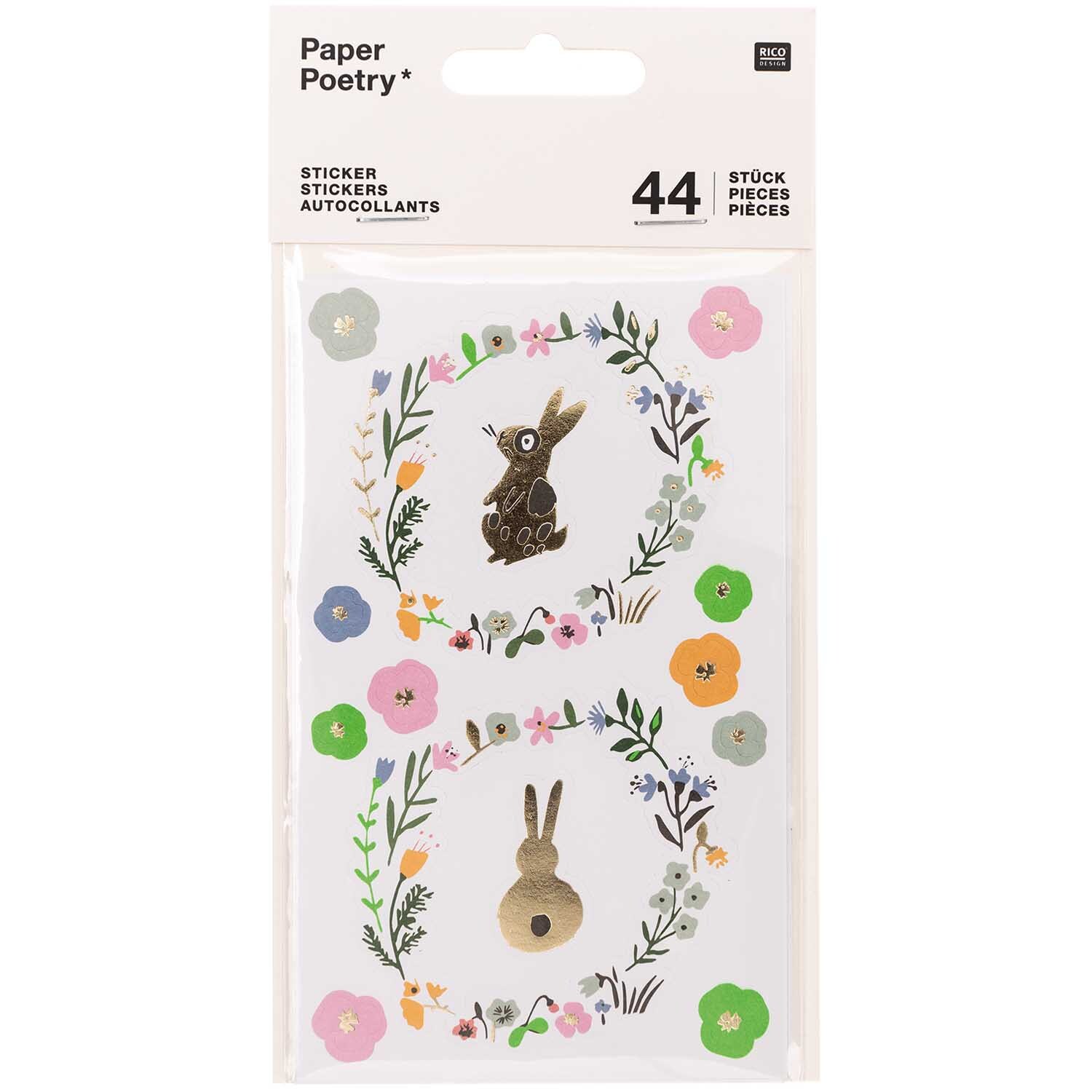 Paper Poetry Sticker Bunny Hop Hasen, 44 Stück, mit bunten Blumenkränzen und Hasenmotiven von Rico Design.