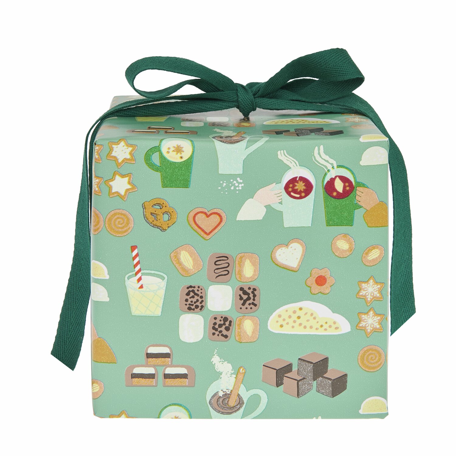Paper Poetry Geschenkpapier Weihnachtsgebäck mit bunten Motiven auf grünem Hintergrund, ideal für festliche Verpackungen.