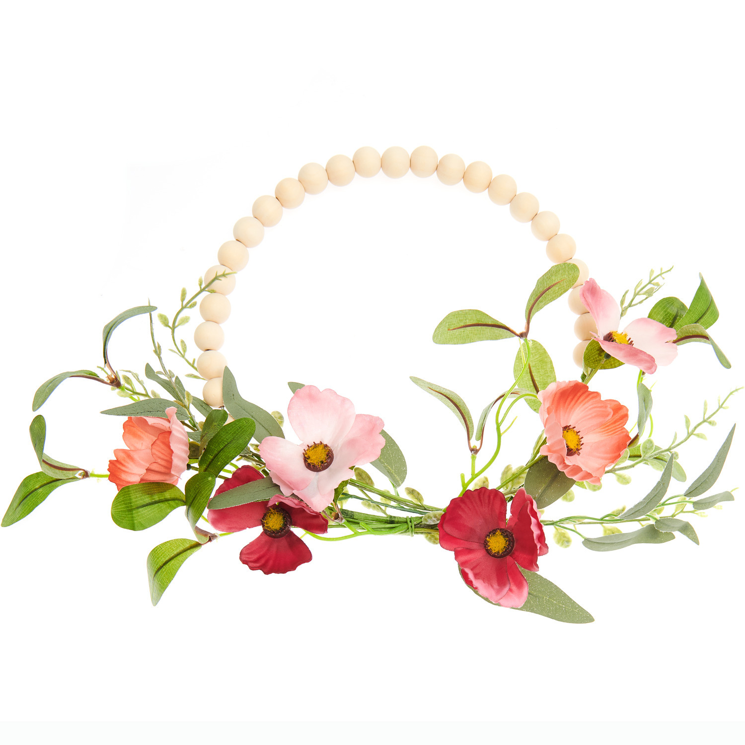 Deko-Kranz Mohnblumen mit Holzperlen, Ø35cm, zeigt rote und rosa Blüten mit grünen Blättern.