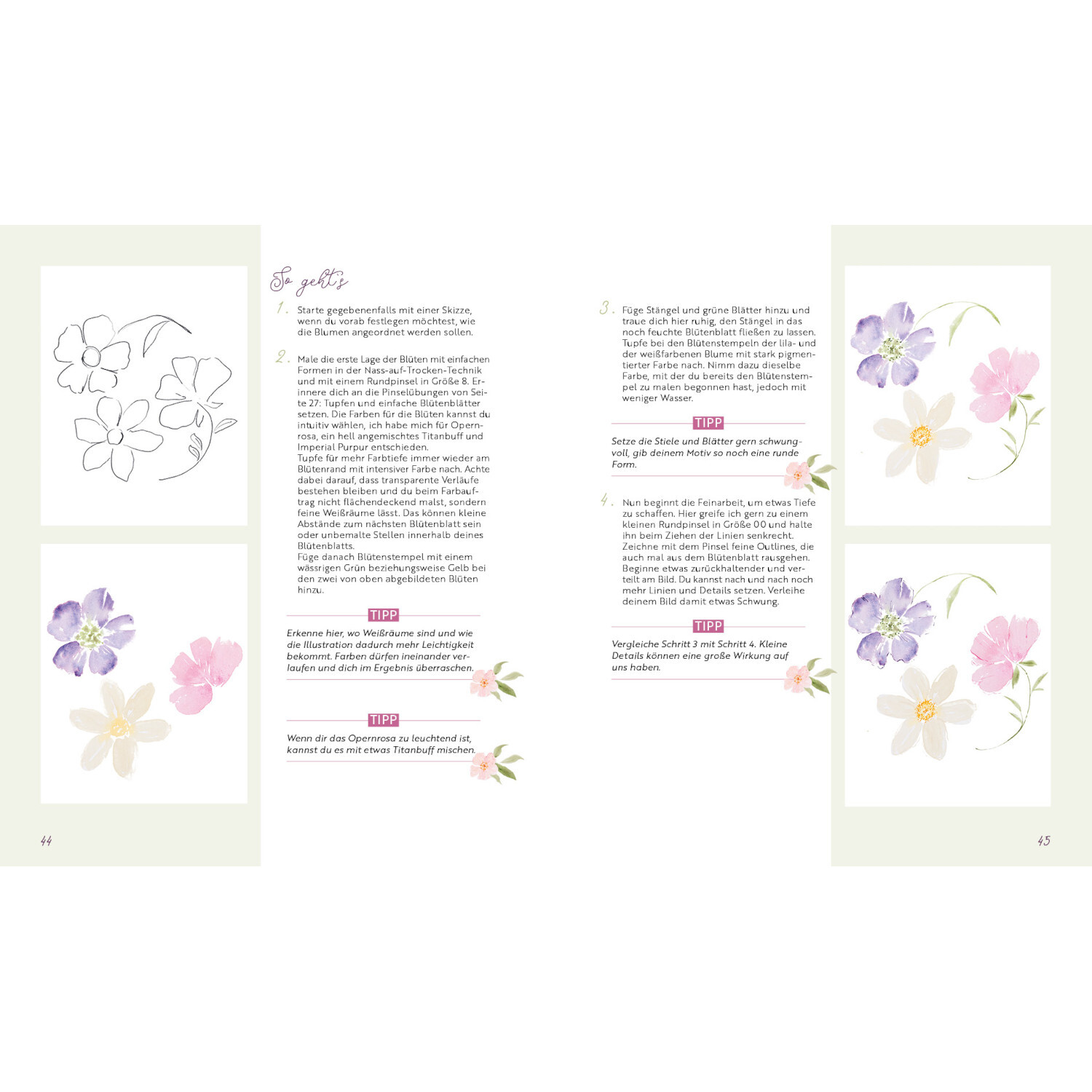 Selfcare Watercolor – Kreative Momente für mich: Doppelseite mit floralen Aquarellmotiven in sanften Pastelltönen, ideal für entspannende Malstunden.