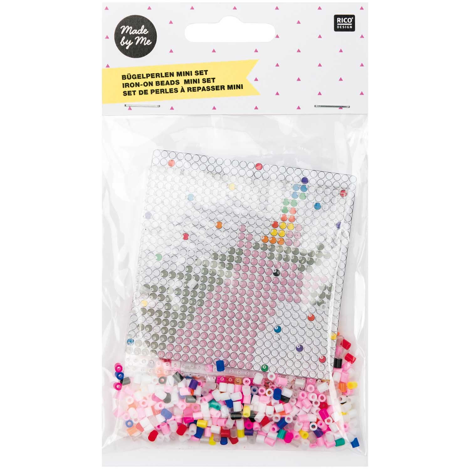 Mini-Bügelperlen Set eckig mit bunten Perlen und Einhornmotiv von Rico Design in Verpackung.