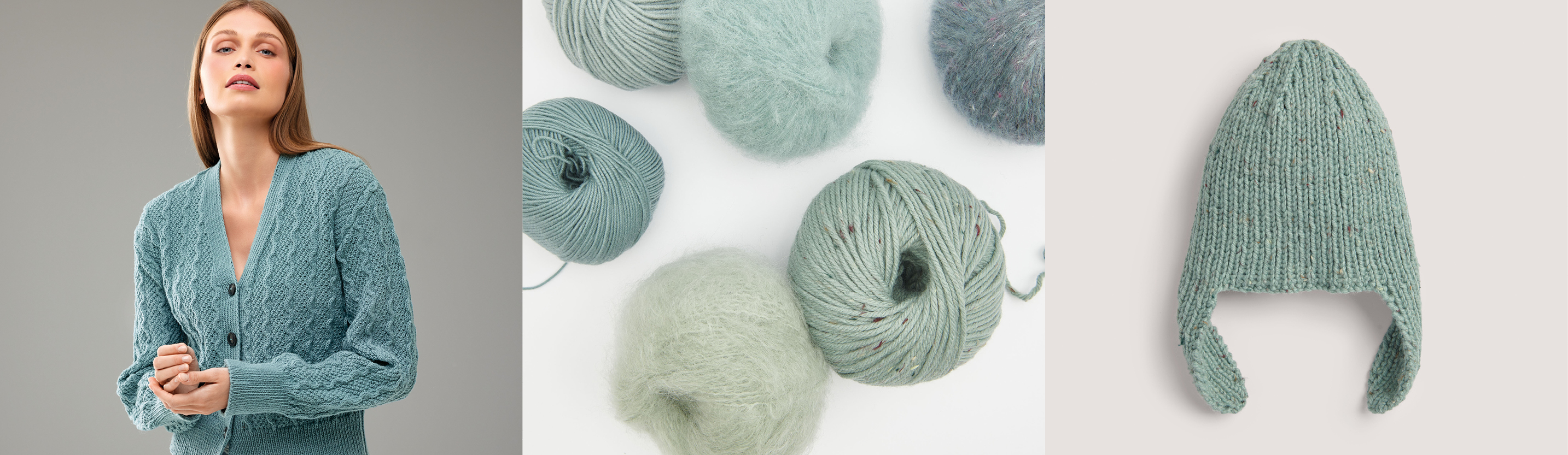 Drei Bilder nebeneinander. Eine Frau trägt eine blaue Strickjacke, Wollknäuel in verschiedenen blau und mint Farben, sowie eine mintfarbige gestrickte Mütze.