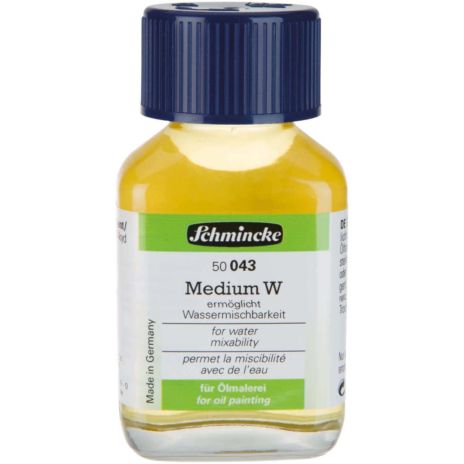 Medium W Öl-Hilfsmittel 60ml von Schmincke in einer transparenten Flasche mit blauem Deckel.