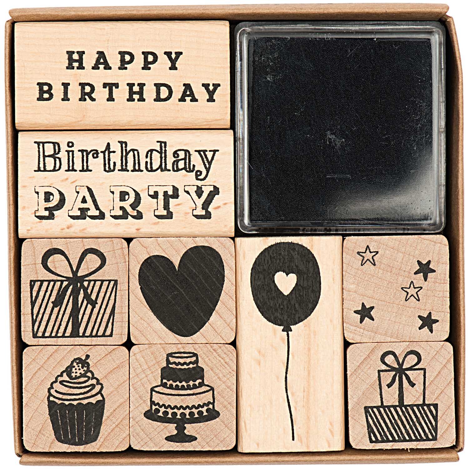 Paper Poetry Stempelset Geburtstag: 10-teiliges Set mit verschiedenen Motiven, ideal für kreative Geburtstagskarten. Enthält schwarze Stempelkissen.