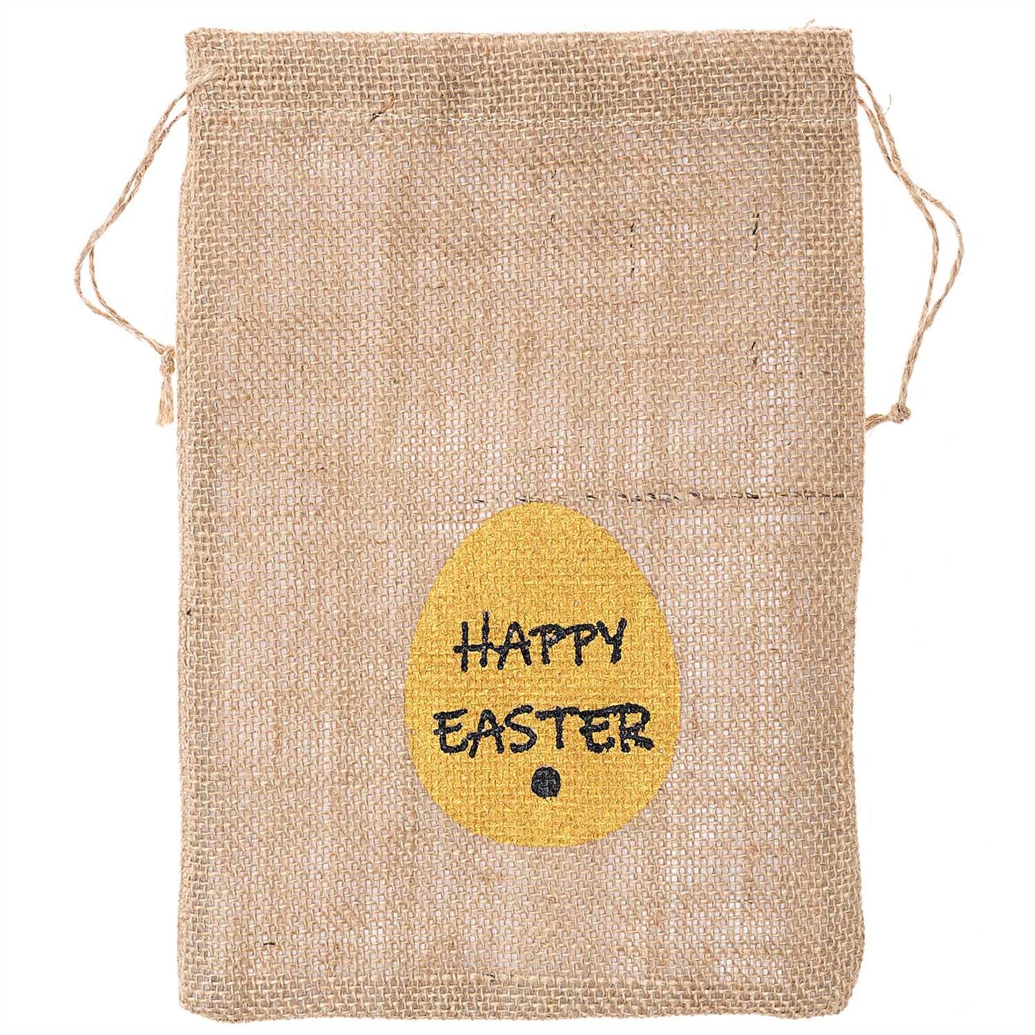 Leinenbeutel Happy Easter mit gelbem Ei-Motiv, ideal für Ostern, von idee. Creativmarkt.