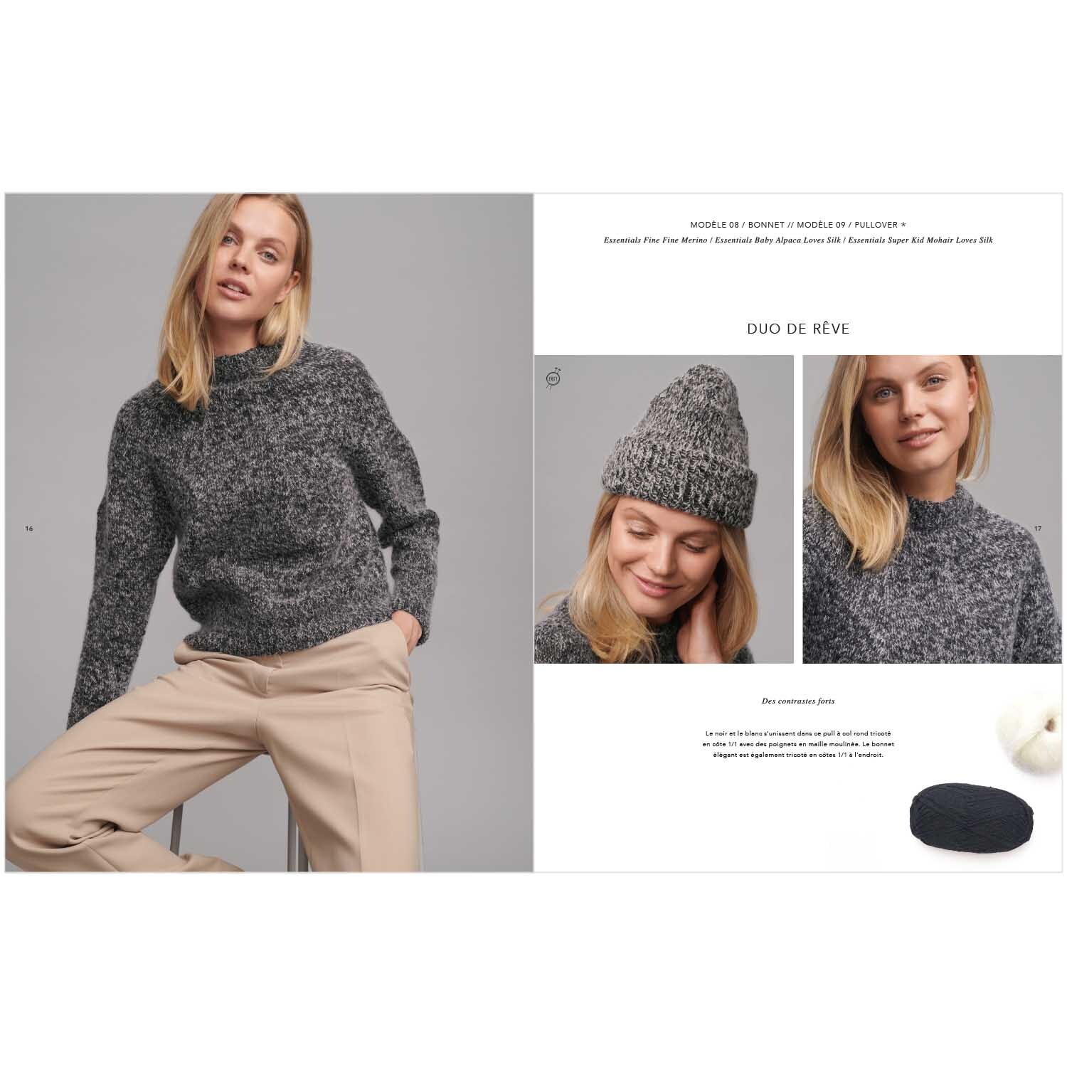Top Down Knitting Special 2 französisch: Frau in grauem Strickpullover und beiger Hose, lächelnd.