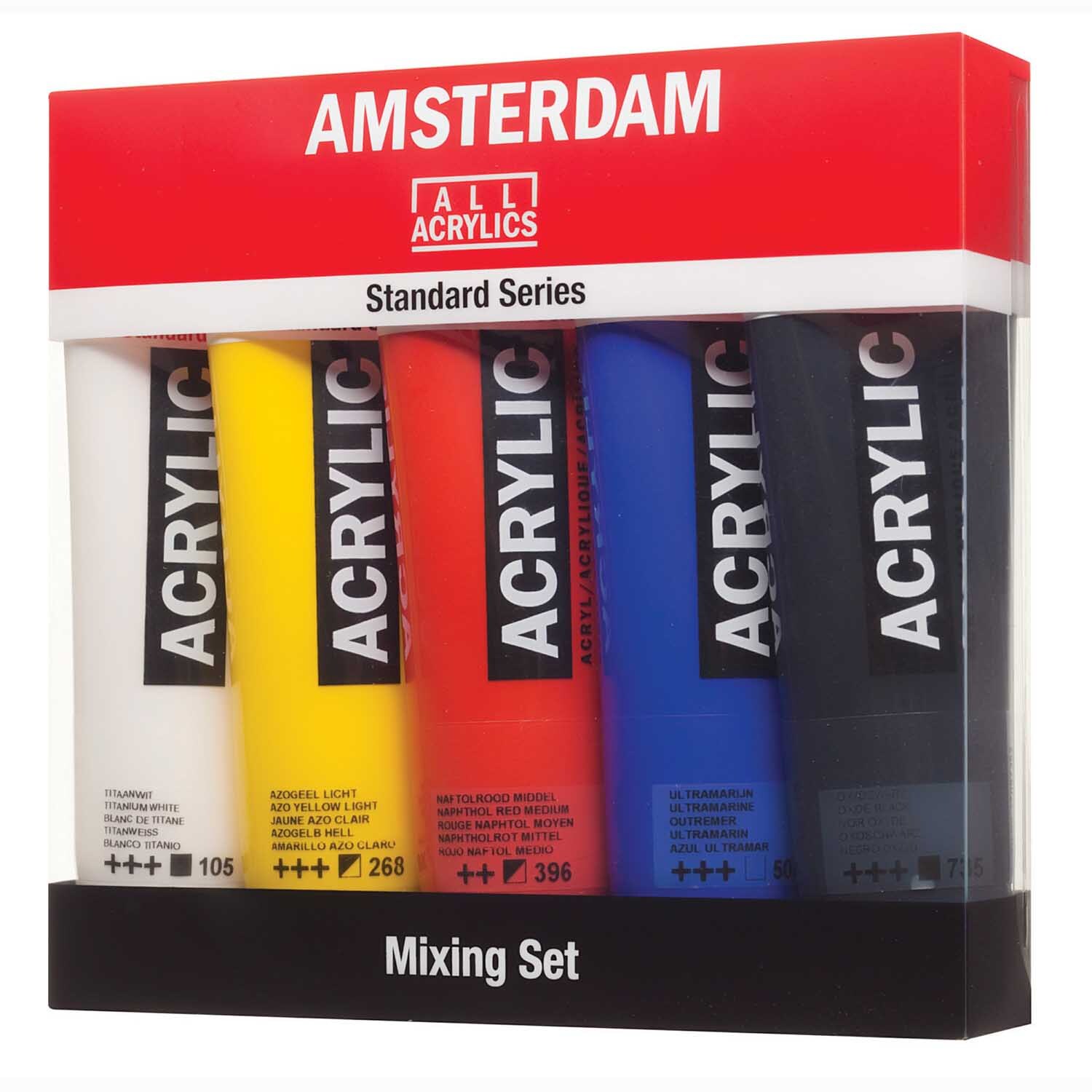 Acrylfarbe Set 5x120ml: Fünf bunte Acrylfarben in einer Verpackung der Marke AMSTERDAM, ideal zum Mischen.