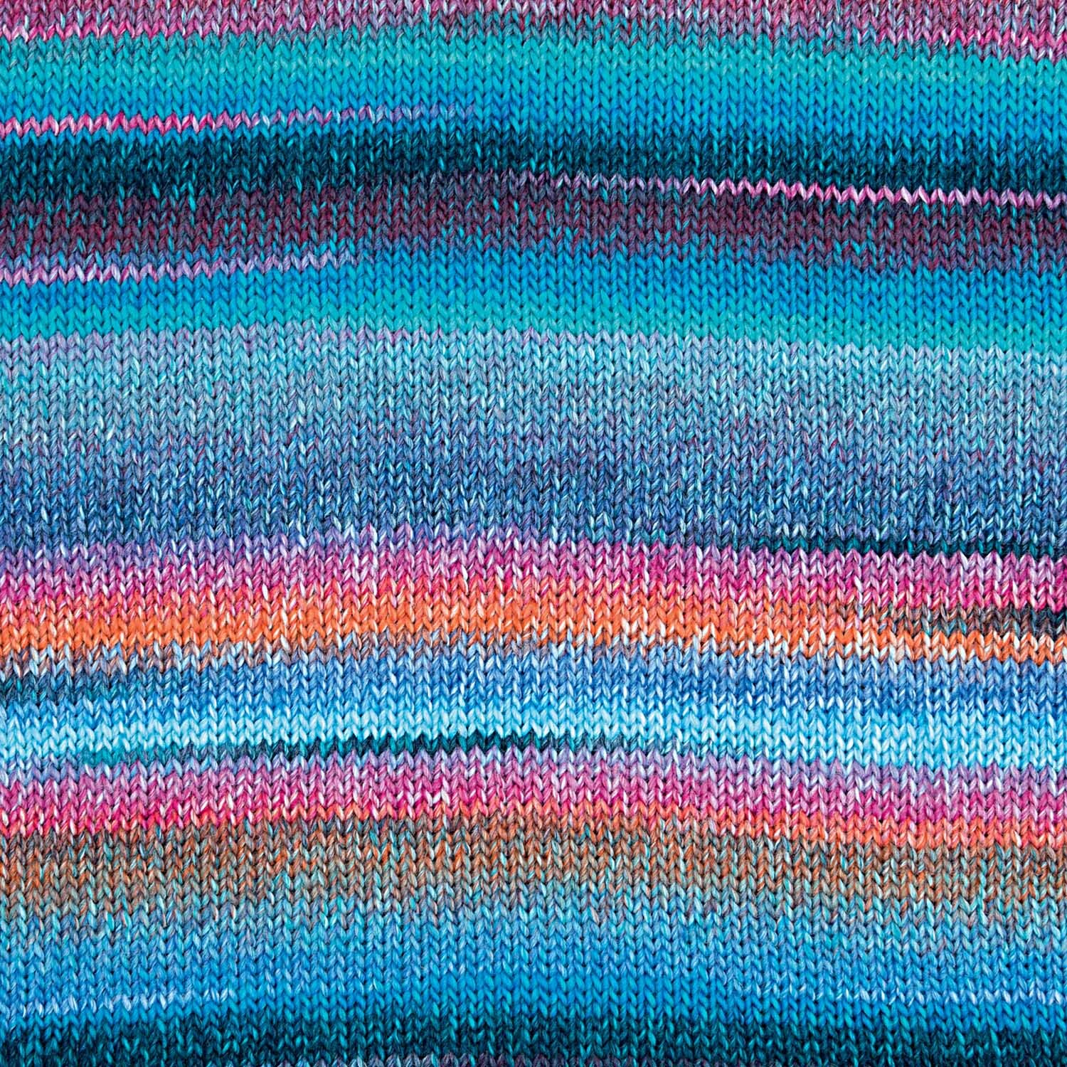 Creative Melange chunky von Rico Design zeigt ein gestricktes Muster in Türkis-Magenta mit sanften Farbverläufen. Ideal für kreative Strickprojekte.