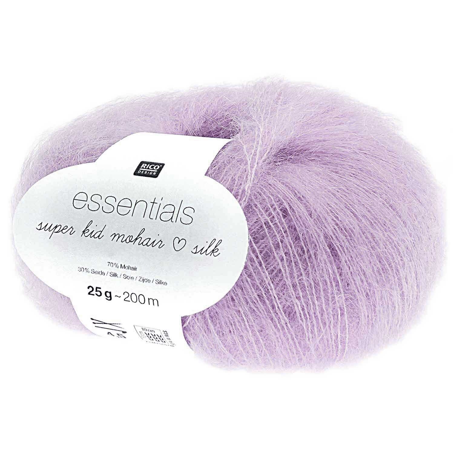 Essentials Super Kid Mohair Loves Silk: Weiches, violettes Garn von Rico Design, ideal für Strickprojekte.