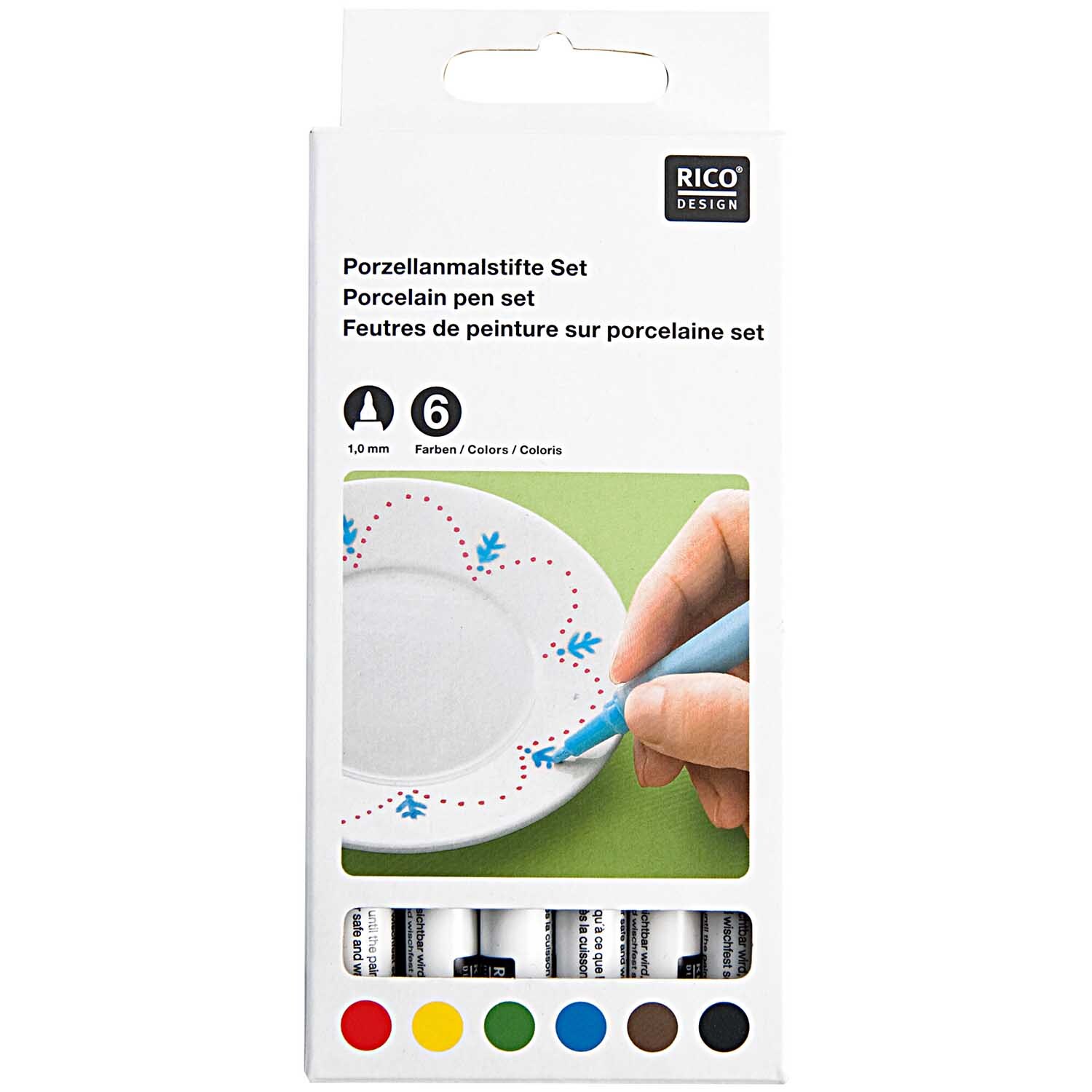 Porzellanmalstifte Basic 6er Set von Rico Design, ideal zum Bemalen von Geschirr, in verschiedenen Farben.