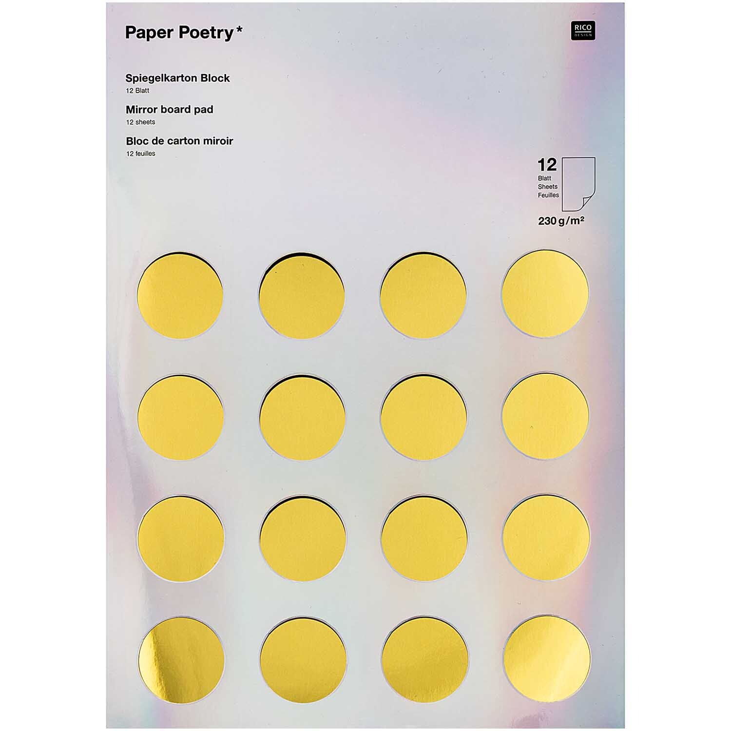 Paper Poetry Spiegelkartonblock mit goldenen Kreisen auf silbernem Hintergrund, 12 Blatt, 230g/m². Ideal für kreative Projekte.