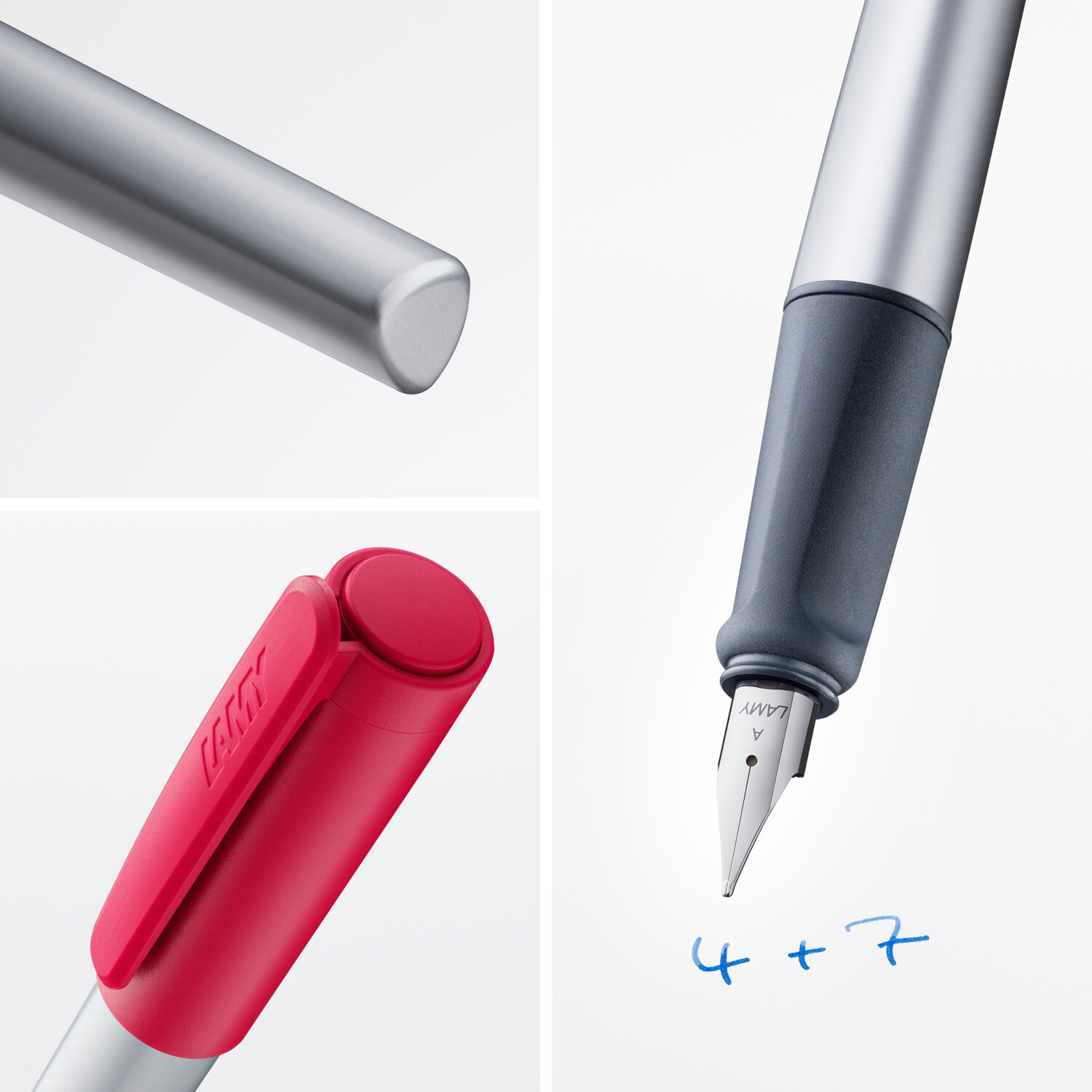 Füllhalter nexx mit grauem Schaft und roter Kappe, Lamy, Feder A, schreibt in Blau.