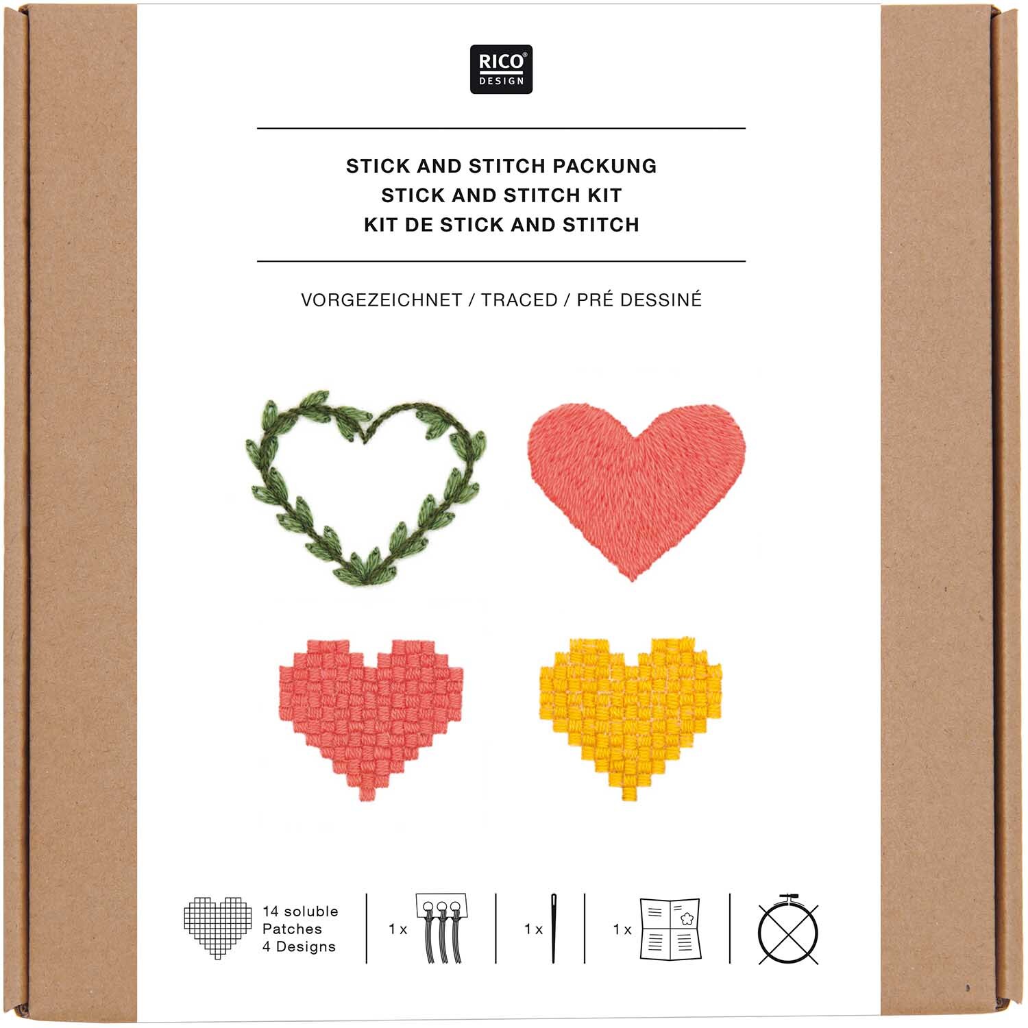 Stick and Stitch Stickpackung Pixel Art Herzen vorgezeichnet 14 Sück von Rico Design