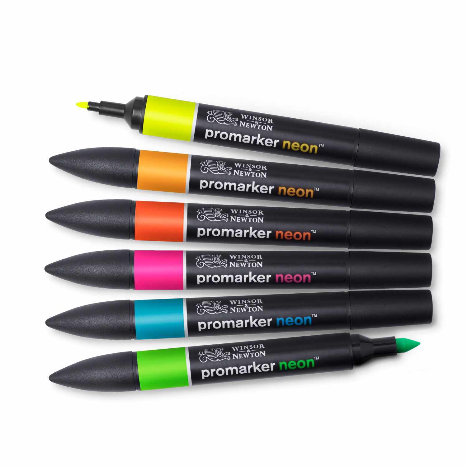 Promarker Aquarellmarker Neon 6 Stück von Winsor & Newton in leuchtenden Farben auf weißem Hintergrund.