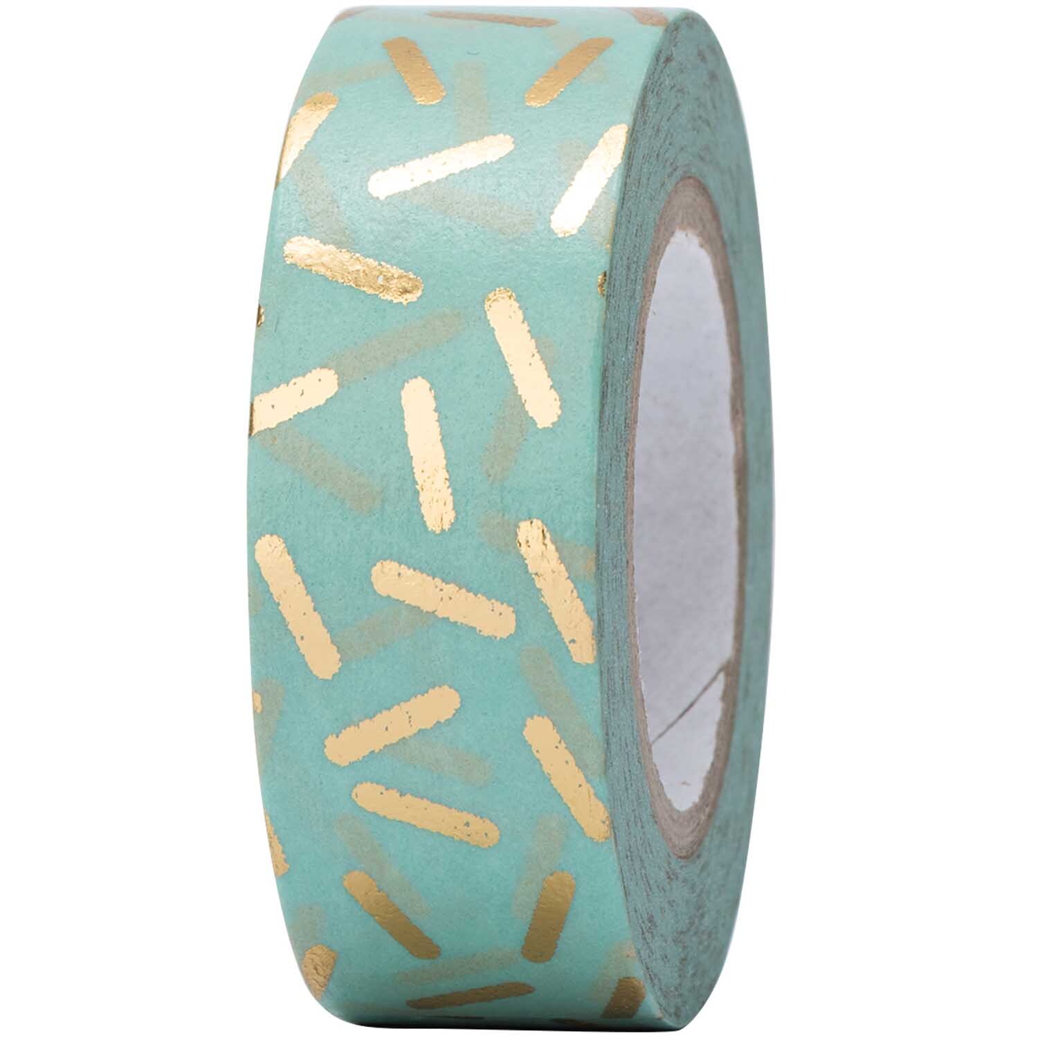 Paper Poetry Tape Stracciatella mit goldenen Akzenten auf türkisfarbenem Hintergrund, 15mm x 10m. Ideal für kreative Projekte.