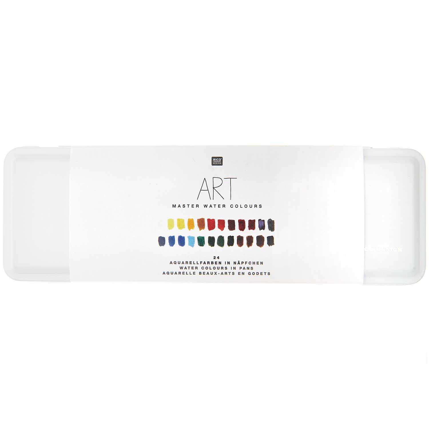 ART Master Aquarellfarben 24 Farben von Rico Design, präsentiert in einer weißen Box mit Farbmuster.