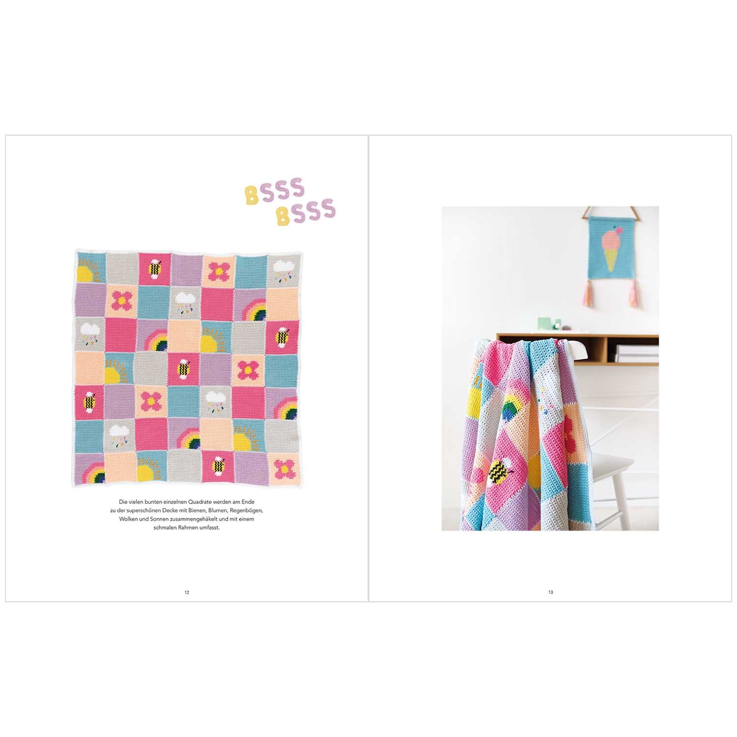 Cool & Cute Crochet: Bunte Häkeldecke von Rico Design mit Regenbogen- und Blumenmustern auf einem Stuhl.