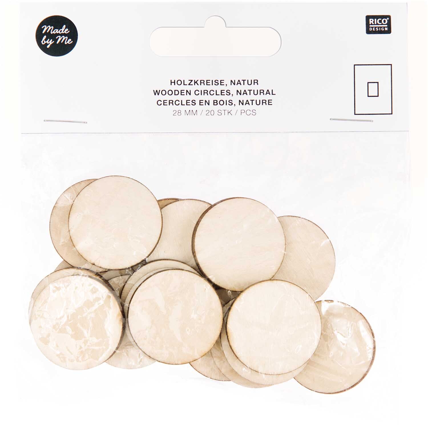 Holzkreise klein 28mm 20 Stück von Rico Design, naturfarbene Kreise in einer transparenten Verpackung.