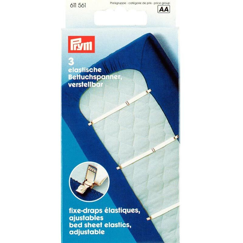 Betttuchspanner weiß 18mm 3 Stück von Prym, verstellbar, auf blauer Verpackung mit Bild der Spanner.