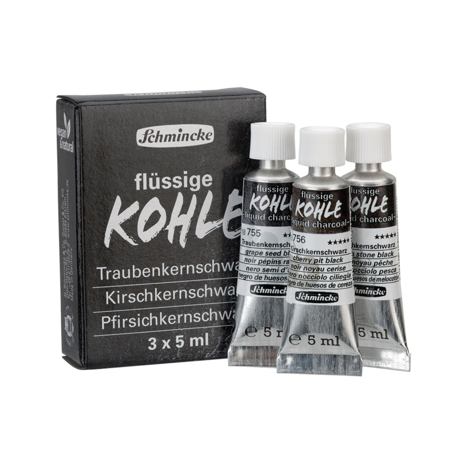 Pigmente Trio flüssige Kohle Set: Drei 5ml Tuben in Trauben-, Kirsch- und Pfirsichschwarz von Schmincke.