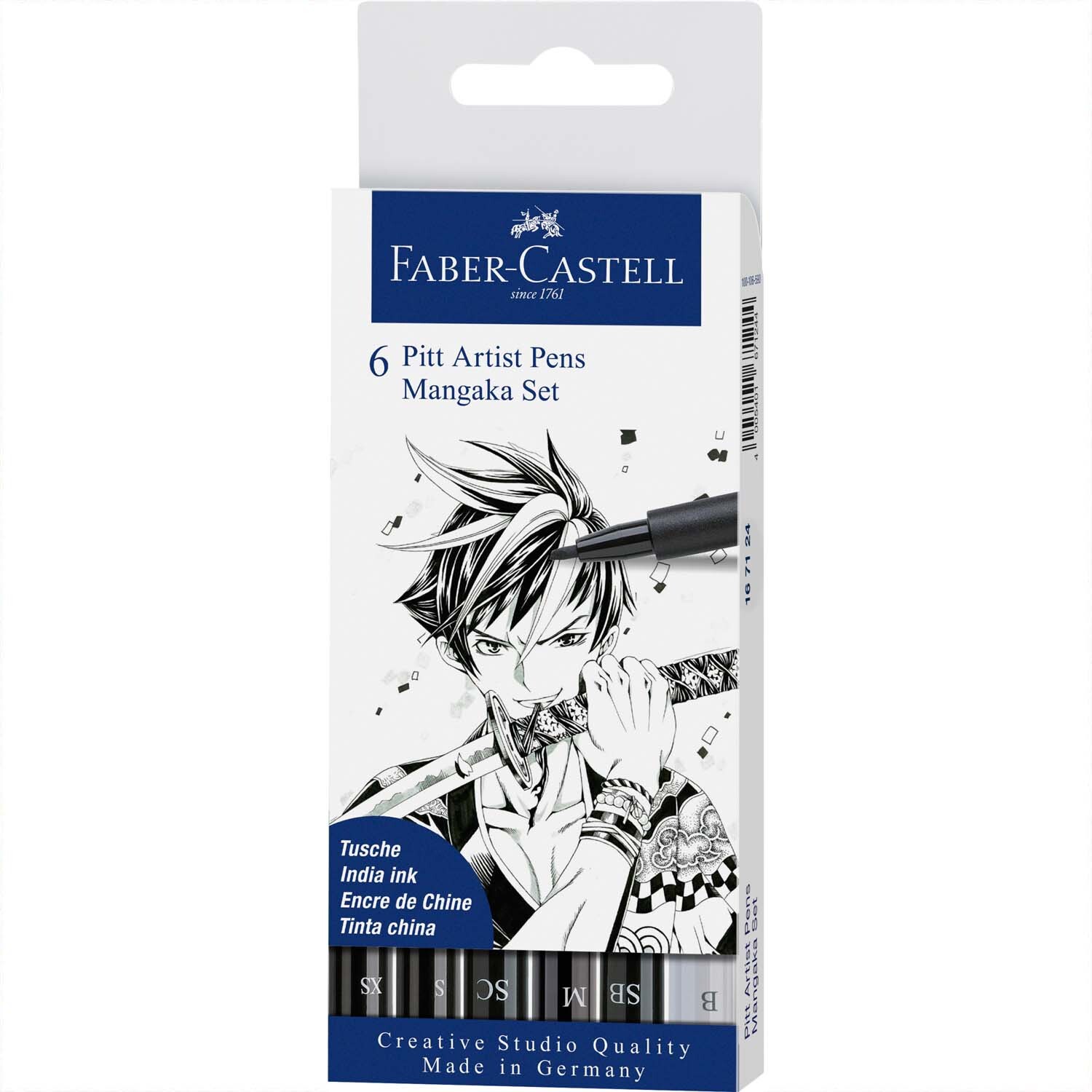 Pitt Artist Pen Manga Set mit 6 schwarzen Tuschestiften von Faber Castell, ideal für kreative Manga-Zeichnungen.