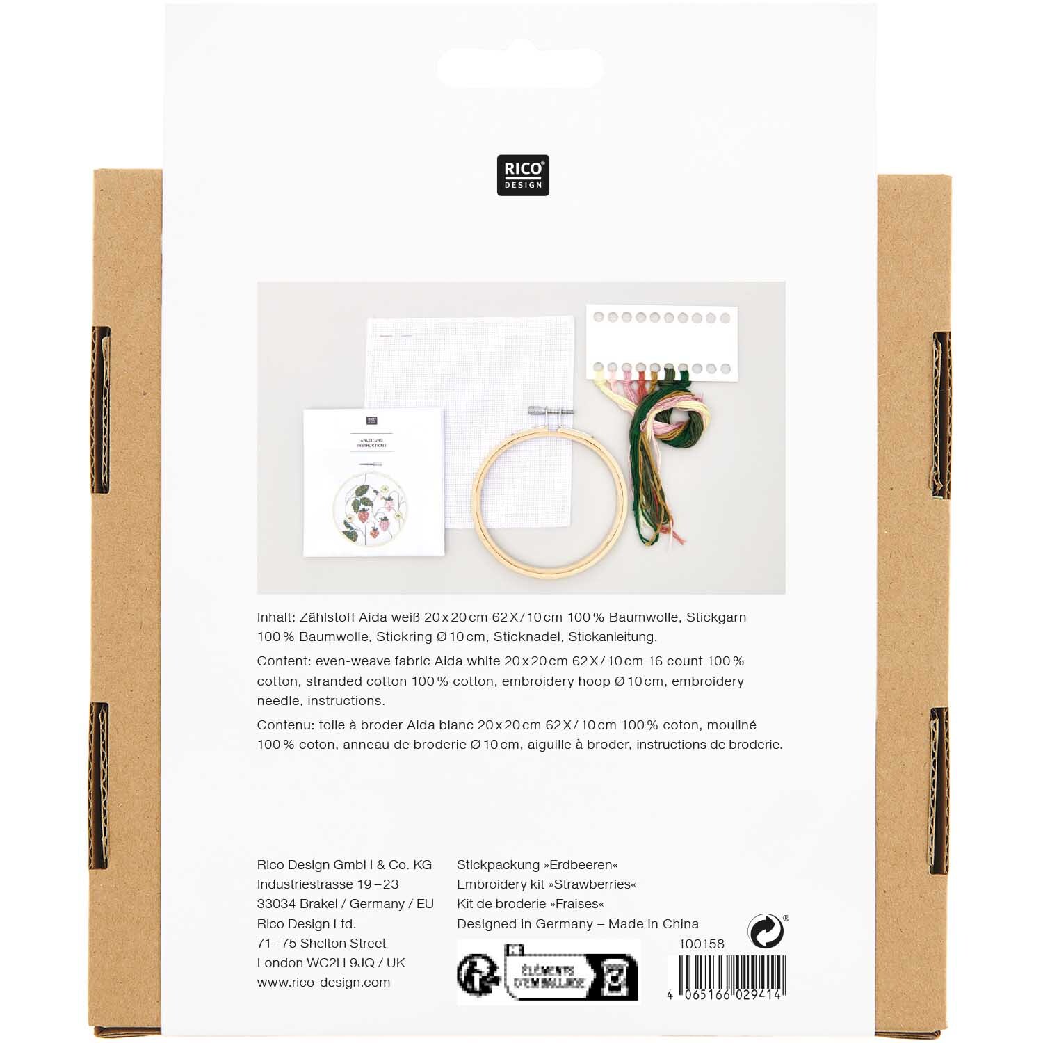 Stickpackung Bild Erdbeeren Ø10cm von Rico Design zeigt Stickmaterialien und Anleitung auf weißem Hintergrund. Ideal für kreative Handarbeiten.