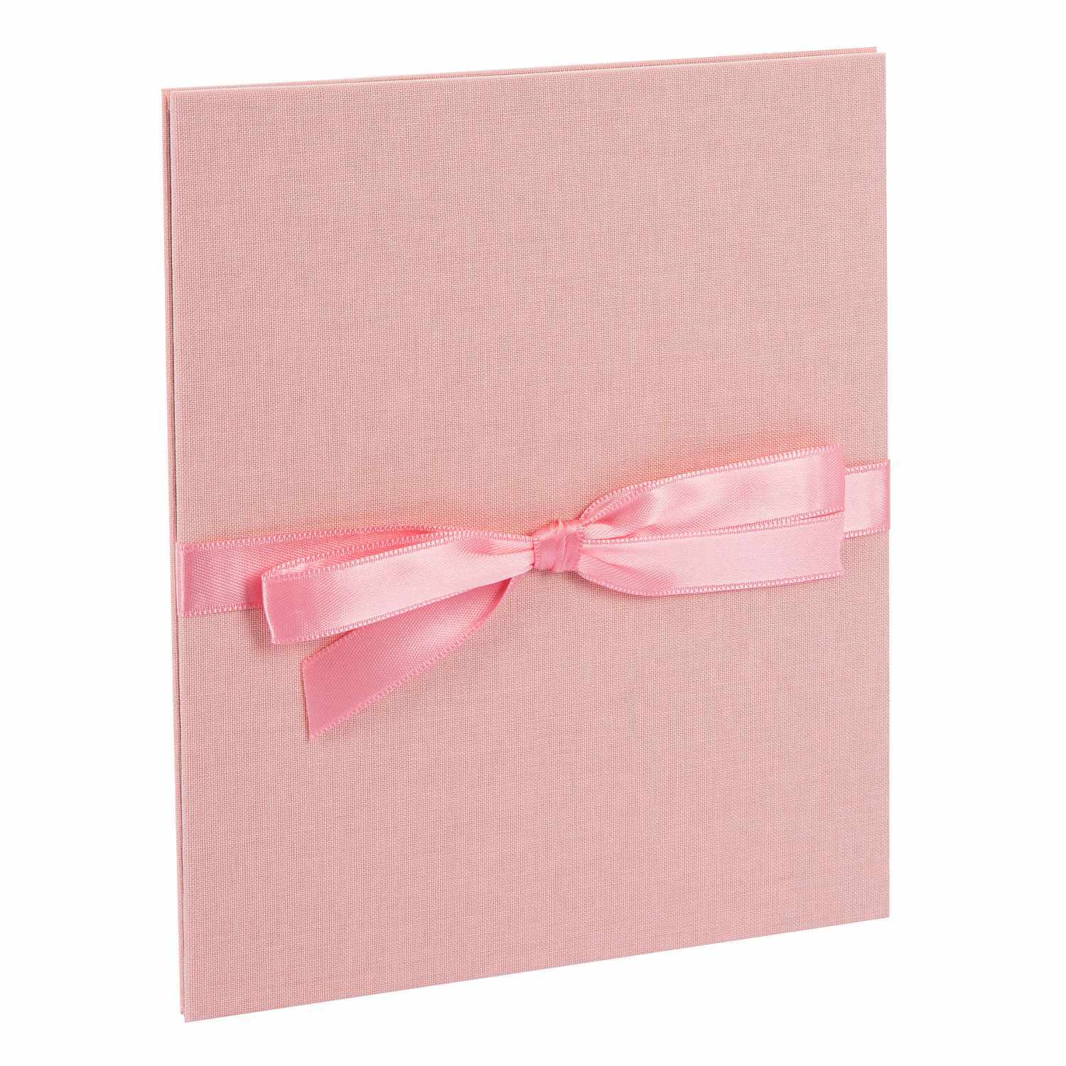 Leporello 15,5x19cm für 10 Fotos mit schwarzem Innenleben und roséfarbenem Einband, verziert mit einer Schleife. Marke: goldbuch.