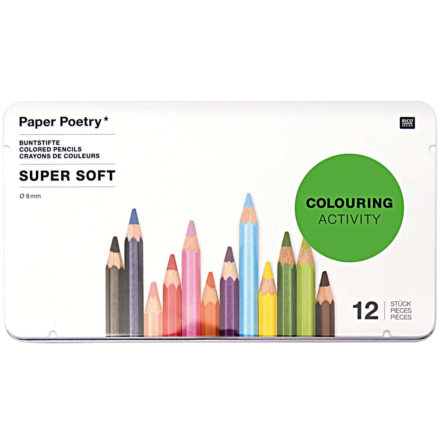 Paper Poetry Buntstifte Super Soft im Metalletui, 12 Stück. Bunte Stifte von Rico Design in einem eleganten Etui. Ideal für kreative Projekte.
