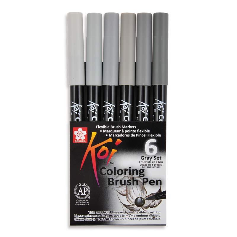 Coloring Brush Pen grautöne: Sechs flexible Pinselstifte in verschiedenen Grautönen von Koi. Ideal für kreative Projekte.