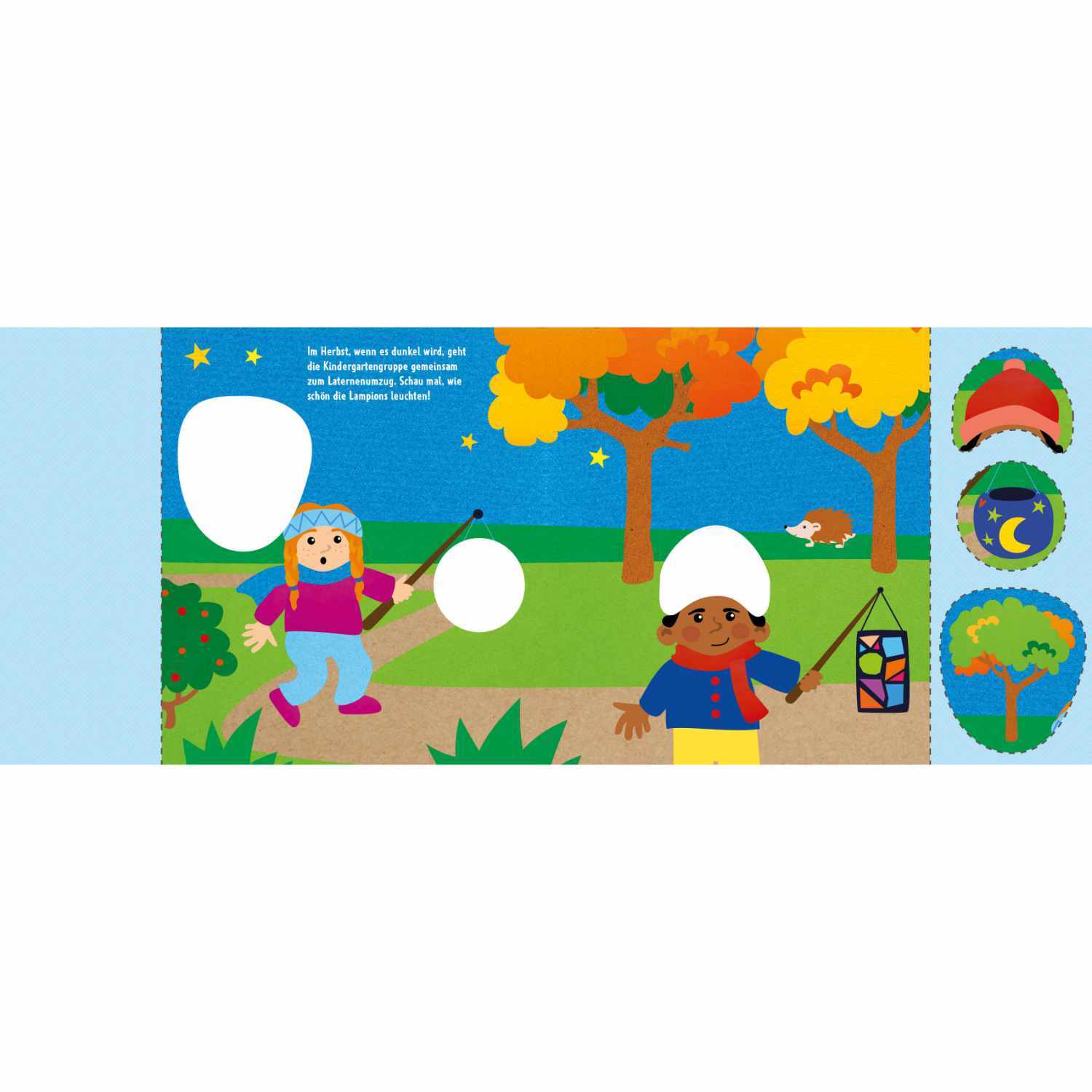 Schnipp, schnipp, hurra! Mein erstes Papierschneidebuch zeigt Kinder im Park mit bunten Laternen.