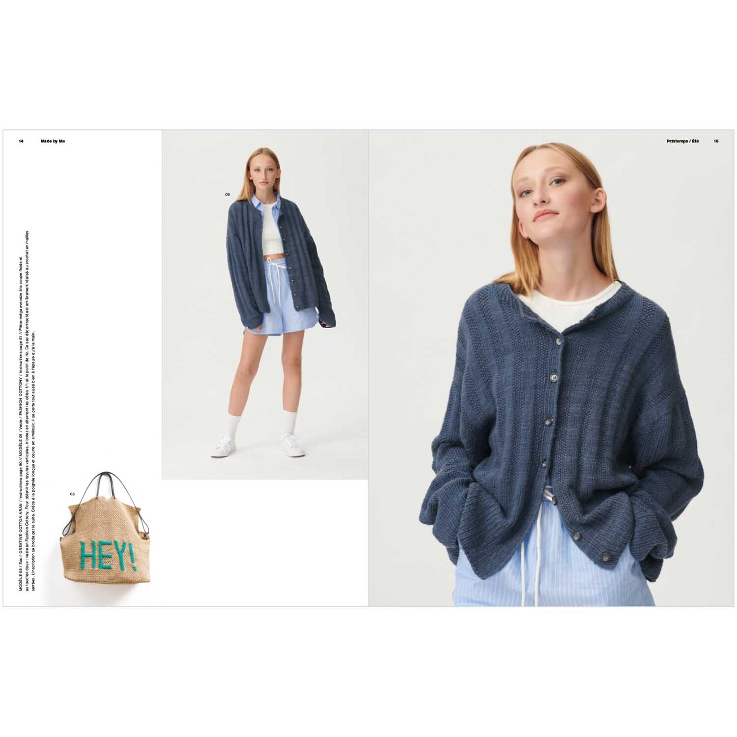 Made by Me Handknitting Nr.14 Frühjahr-Sommer: Frau in blauem Strickcardigan von Rico Design, kombiniert mit weißem Top und hellblauem Rock.