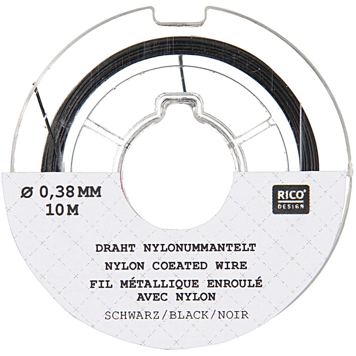 Edelstahlseide 0,38mm 10m von Rico Design, schwarzer Draht auf Spule, ideal für kreative Projekte.