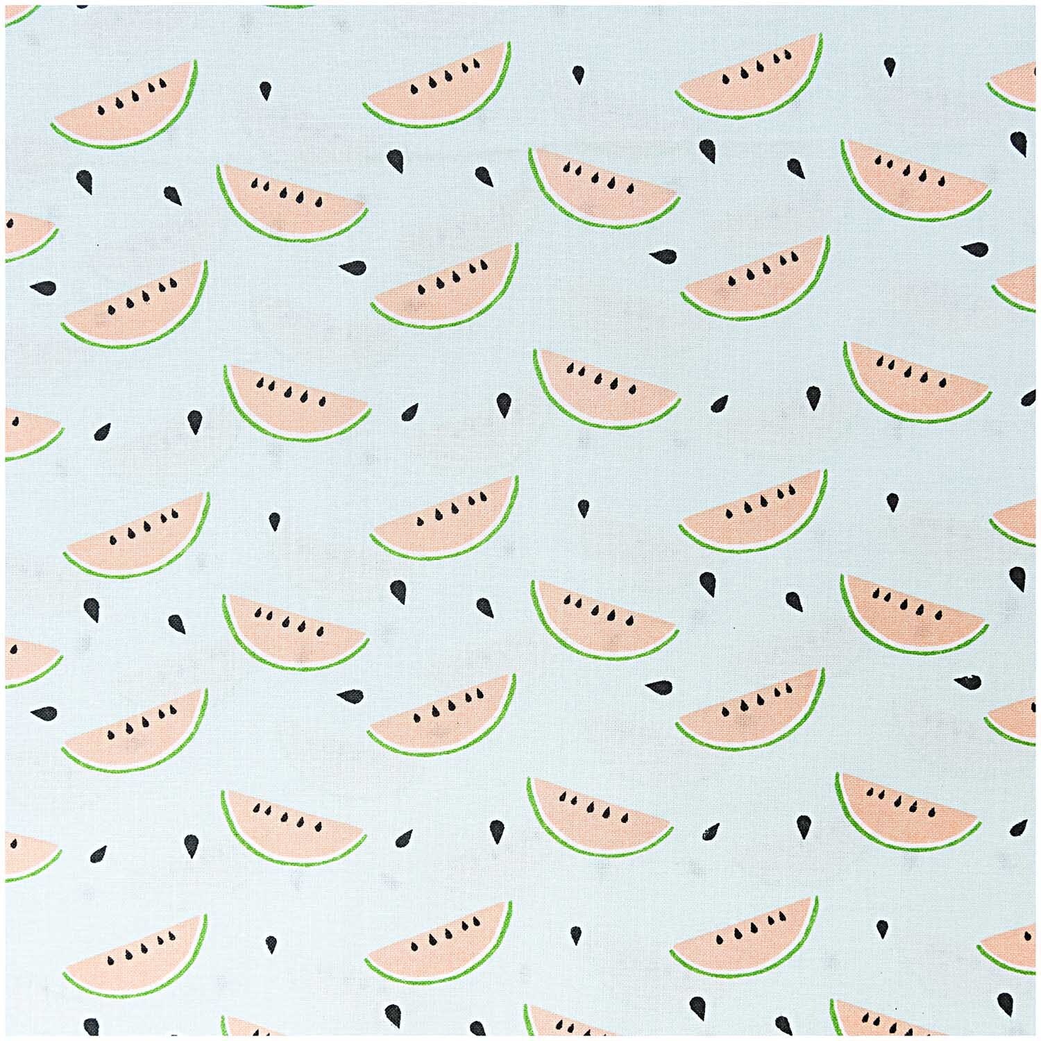 Stoff Melone mint 50x140cm von Rico Design zeigt ein Muster aus rosa Melonenscheiben auf mintfarbenem Hintergrund. Ideal für kreative Projekte.