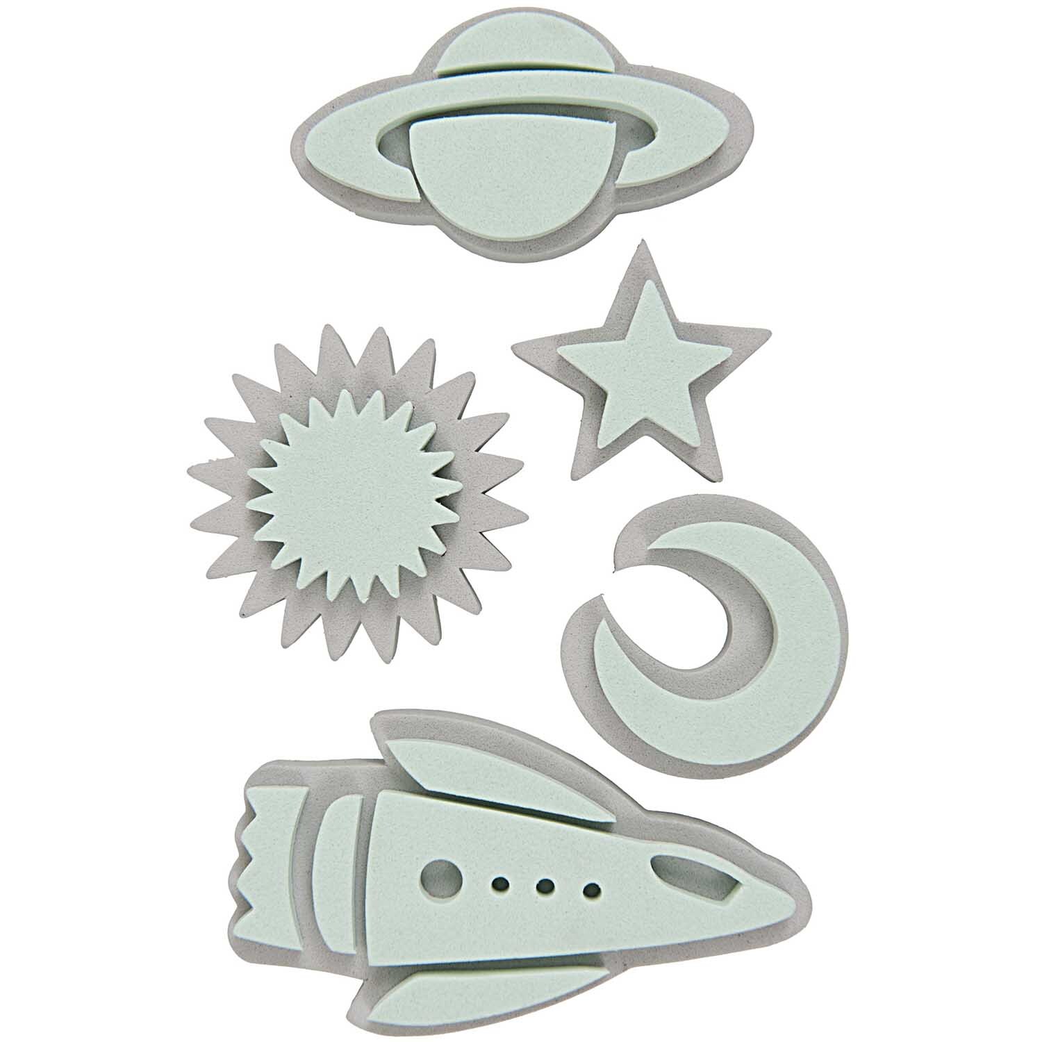 Moosgummistempel Set Weltall mit fünf Stempeln: Planet, Stern, Mond, Sonne und Rakete. Ideal für kreative Bastelprojekte.