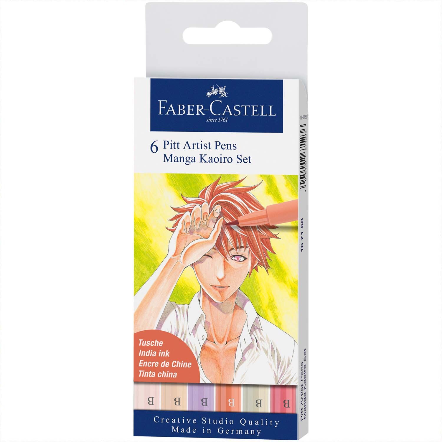 Pitt Artist Pen Manga Kaoiro Tuschestift-Set zeigt eine Manga-Figur auf der Verpackung. Ideal für kreative Zeichnungen.