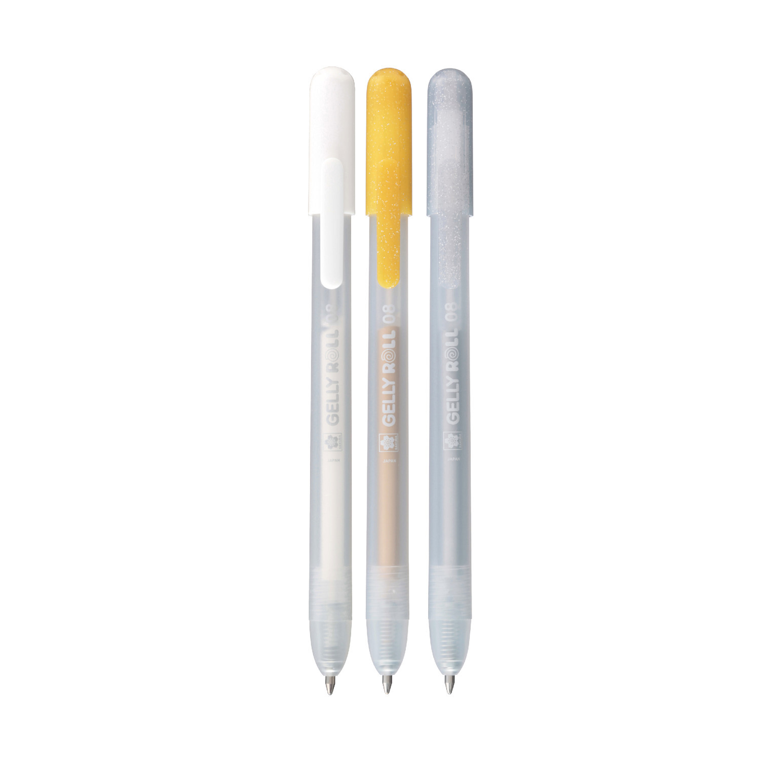 Gelly Roll Retractable Set Special, 3 Stück, SAKURA. Drei Gelstifte in Weiß, Gelb und Grau.