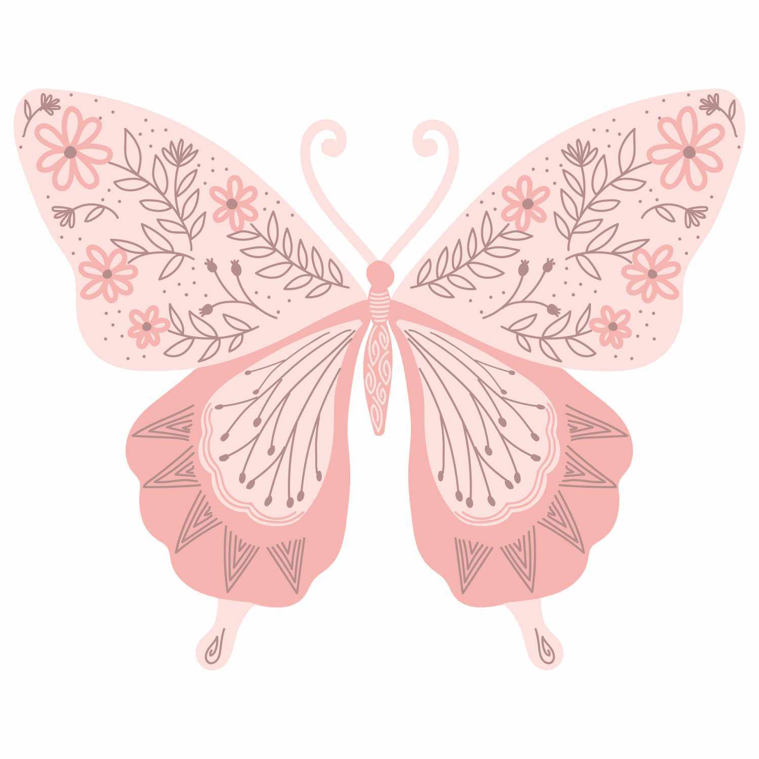 Layered Clear Stamps Decorated Butterfly zeigt einen rosa Schmetterling mit floralen Mustern. Marke: Sizzix.