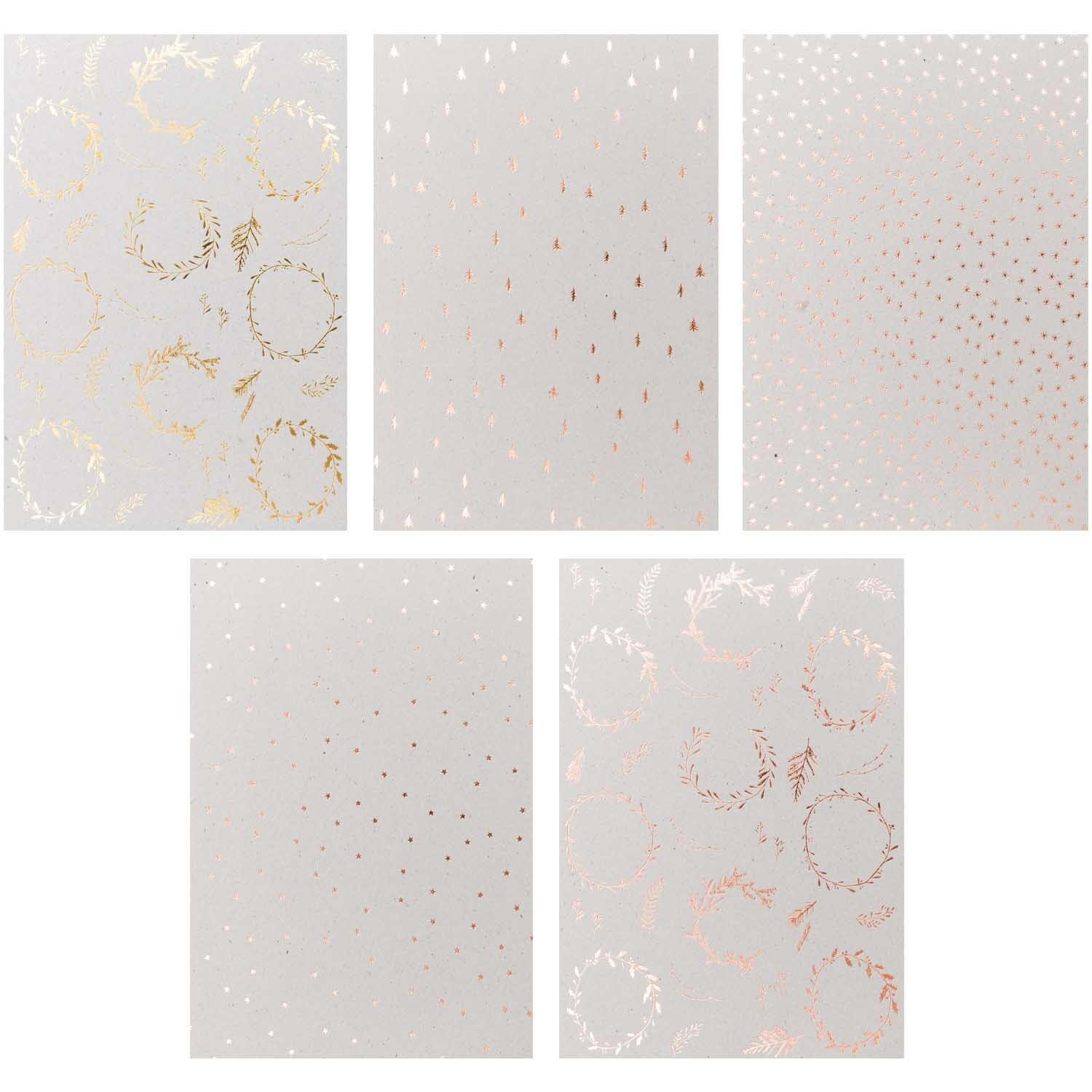 Paper Poetry Graukarton Block X-Mas Hot Foil zeigt elegante, mehrfarbige Designs mit festlichen Mustern. Ideal für kreative Projekte.