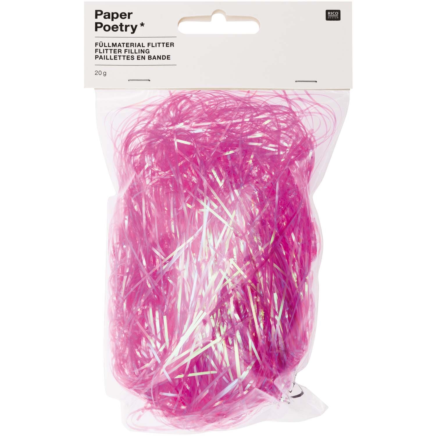 Paper Poetry Füllmaterial Flitter in Pink von Rico Design, verpackt in einer transparenten Tüte. Ideal für kreative Dekorationen.