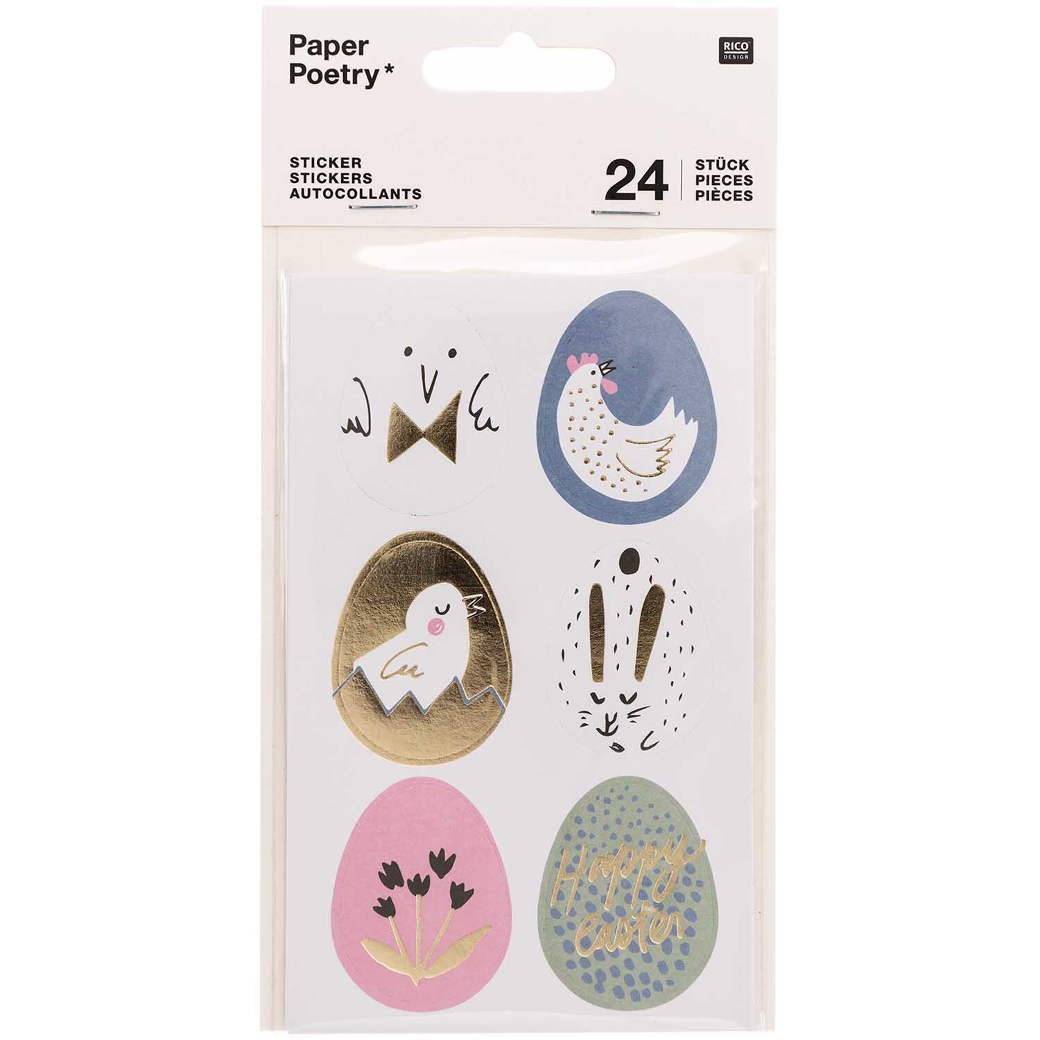 Paper Poetry Sticker Bunny Hop Ostereier mit Hase, Küken und Blumen in Pastellfarben, 24 Stück von Rico Design.