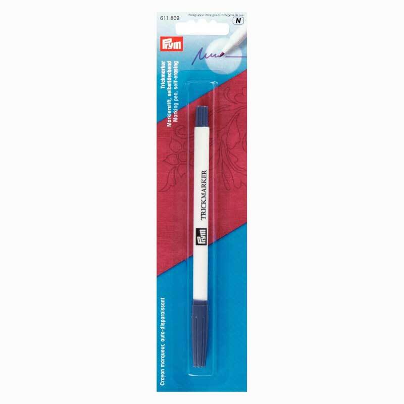 Trickmarker selbstlöschend von Prym in violett auf blauem Hintergrund, ideal zum Markieren von Stoffen.