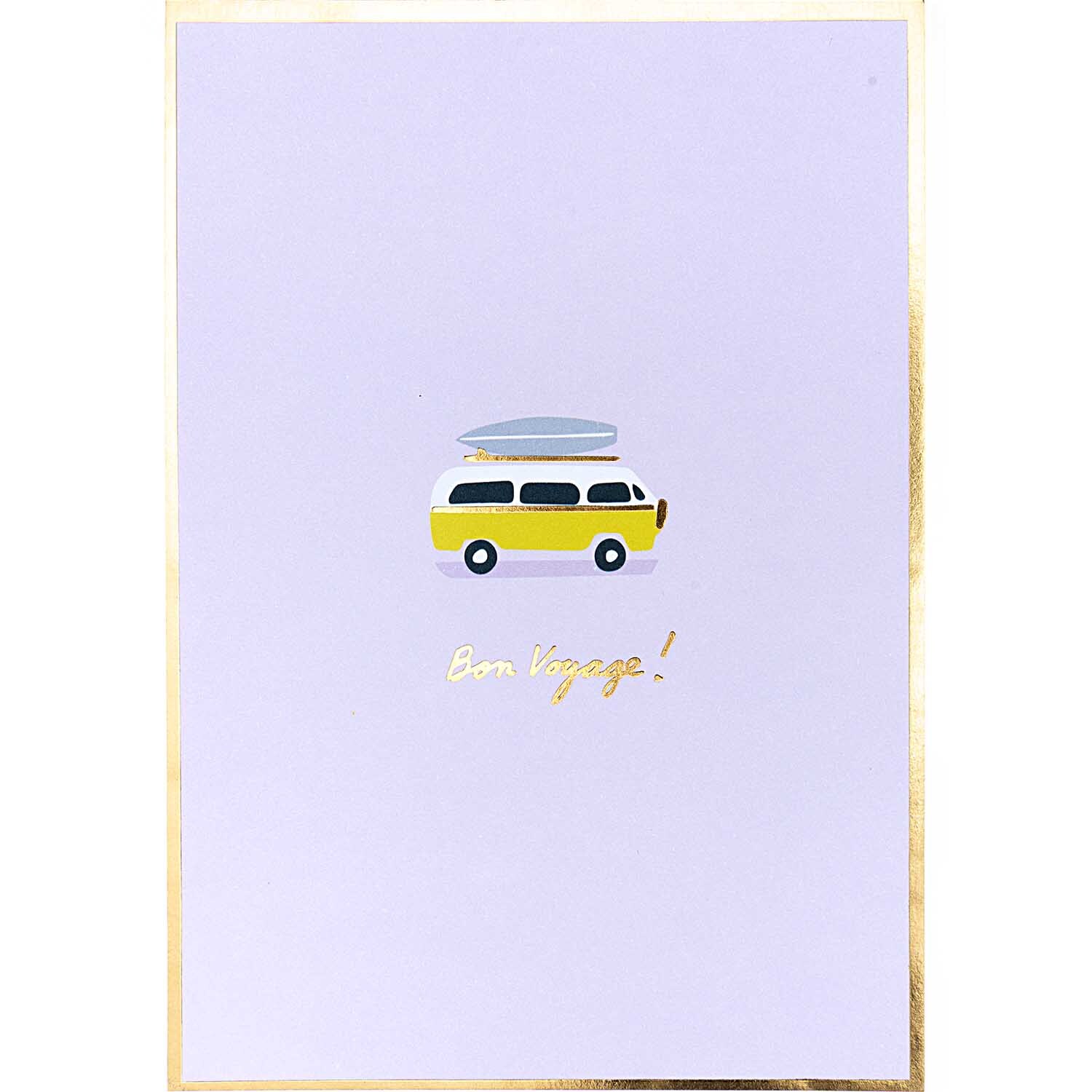 Paper Poetry Postkartenblock Maritim 12 Stück zeigt einen gelben Bus mit Surfbrett und "Bon Voyage!" auf lila Hintergrund.