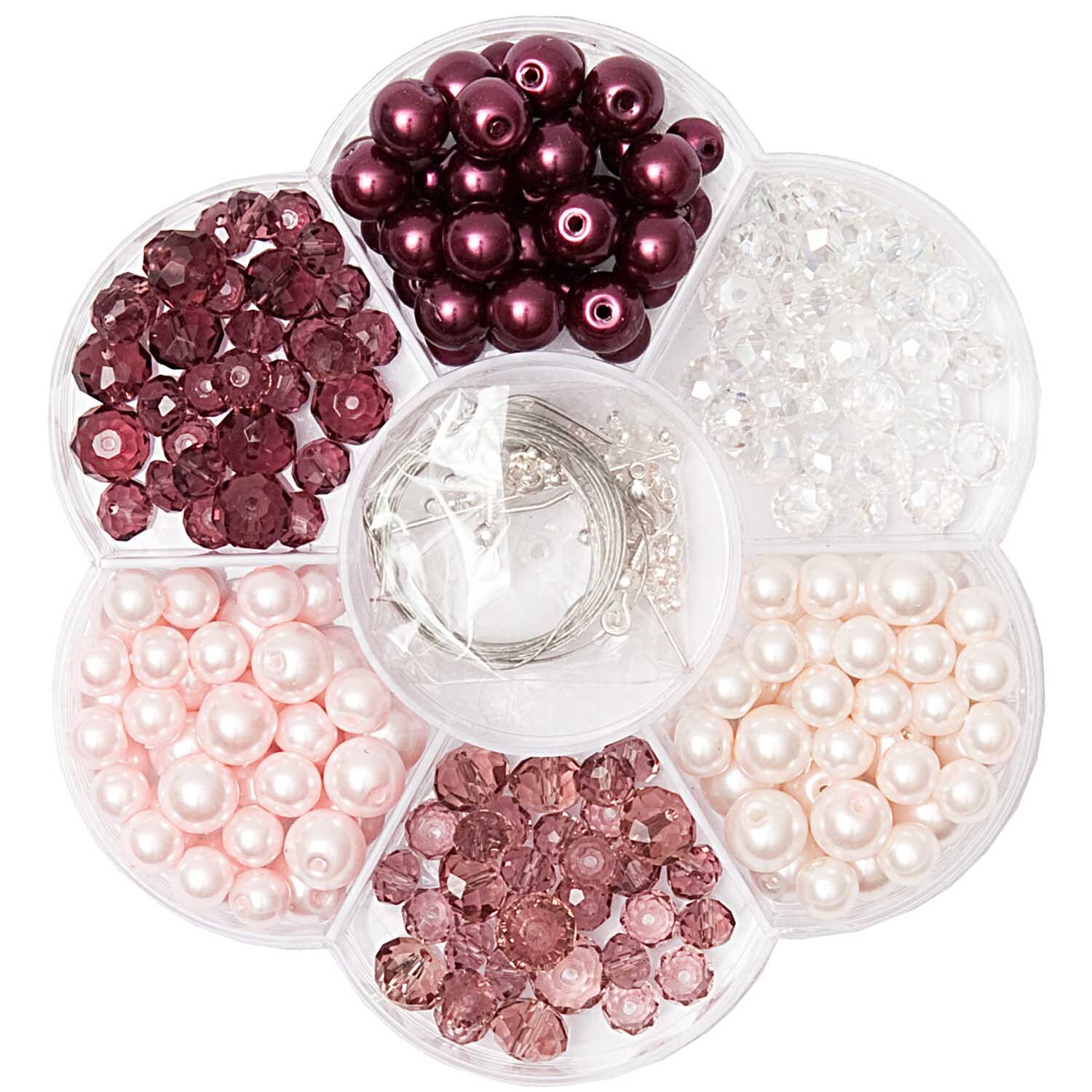 Glasschliff-Renaissance-Perlen Set rosa von Rico Design, 249-teilig. Verschiedene Perlen in Rosa- und Weißtönen in einer Blumenform angeordnet.
