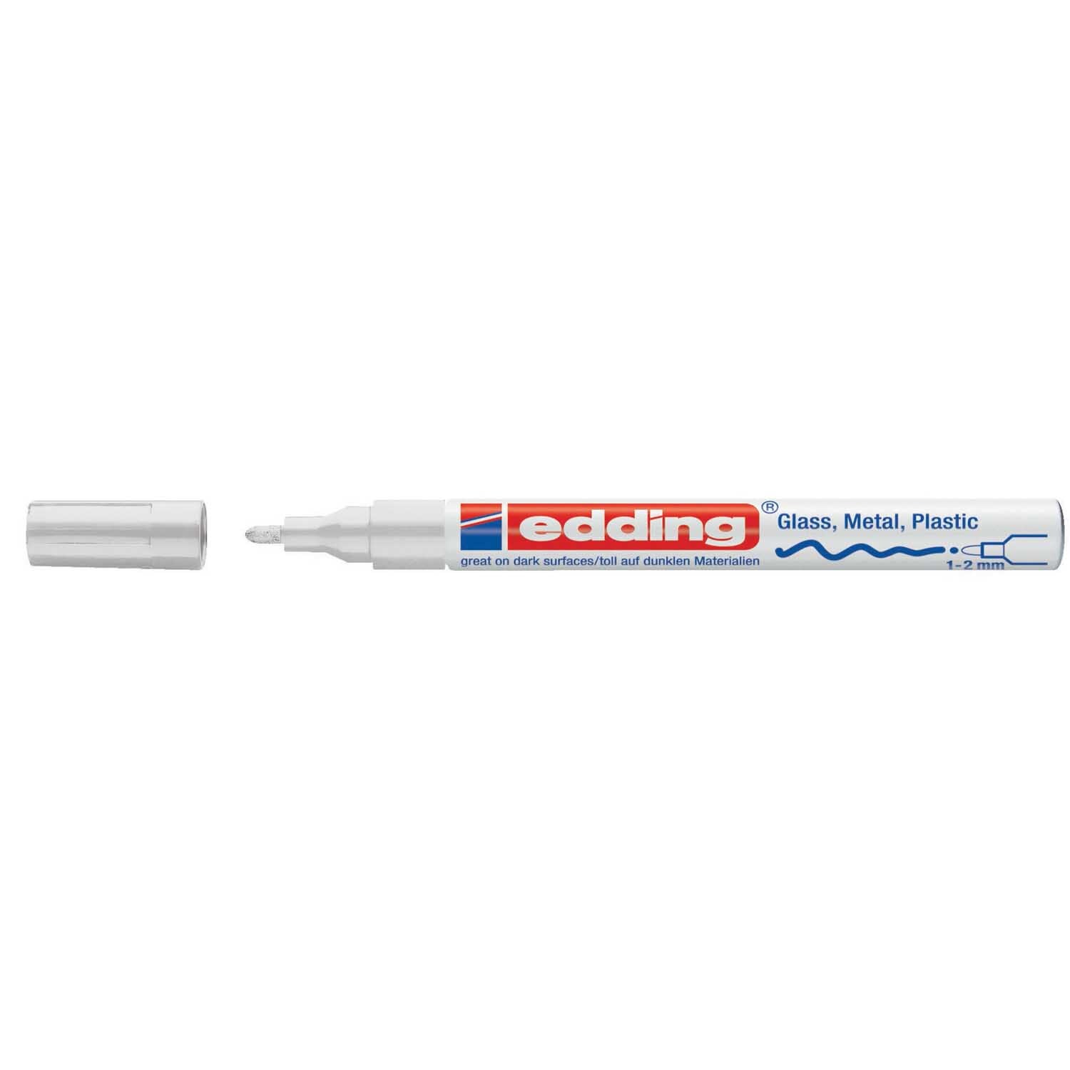 751 Glanzlack-Marker 1-2mm von edding, weiß, mit abgenommenem Deckel, ideal für Glas, Metall und Plastik.